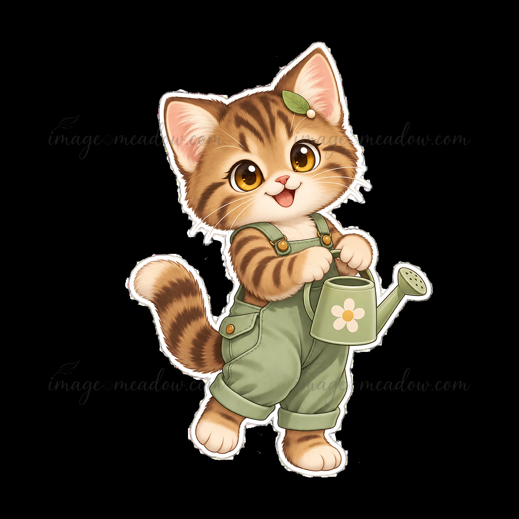A cute cat character stands happily holding a watering can. The cat features brown stripes and a small leaf on its head. It wears green overalls and displays a