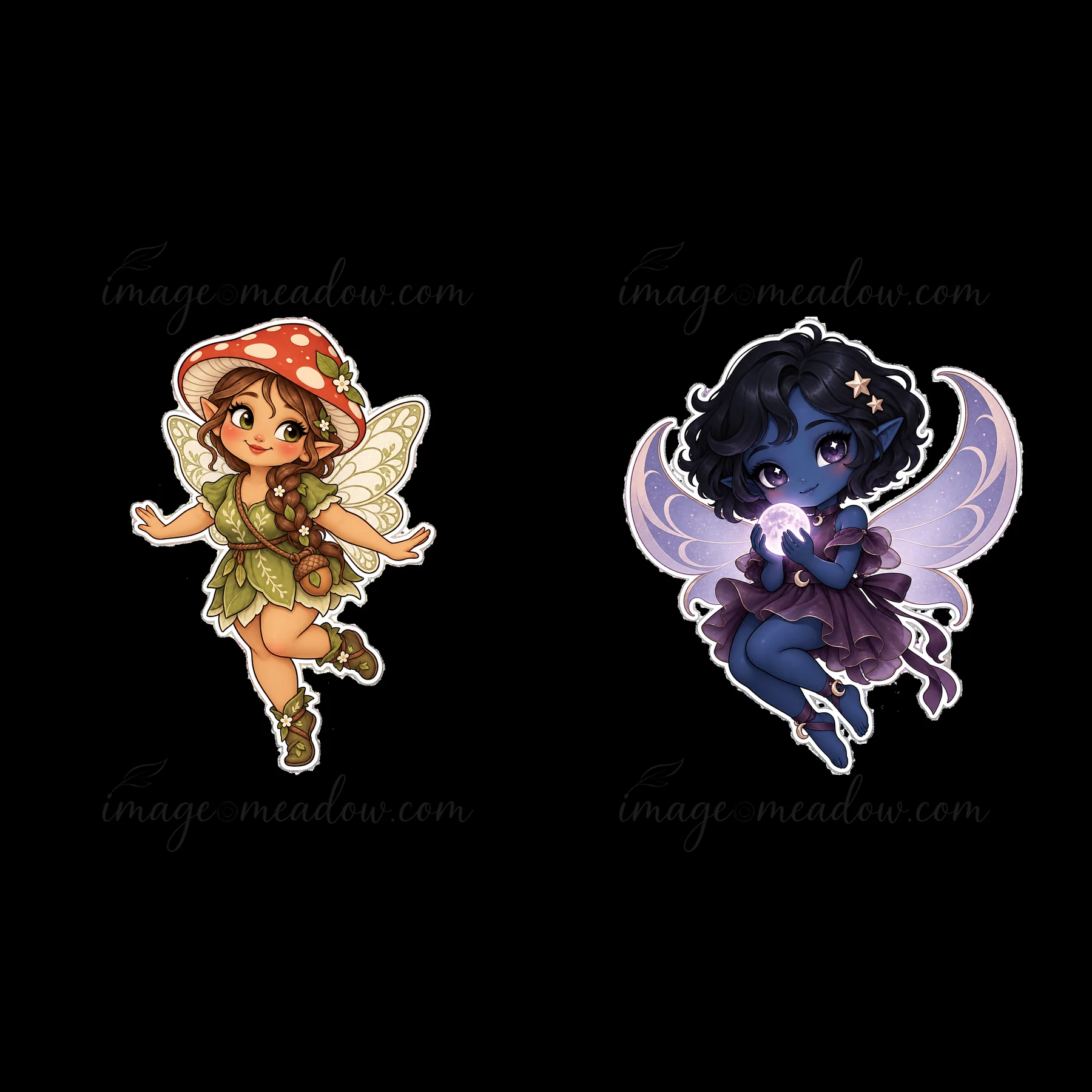 Two cute fairy stickers display distinct designs. One fairy wears a mushroom hat and green outfit, while the other has blue skin and holds a glowing orb. Both h