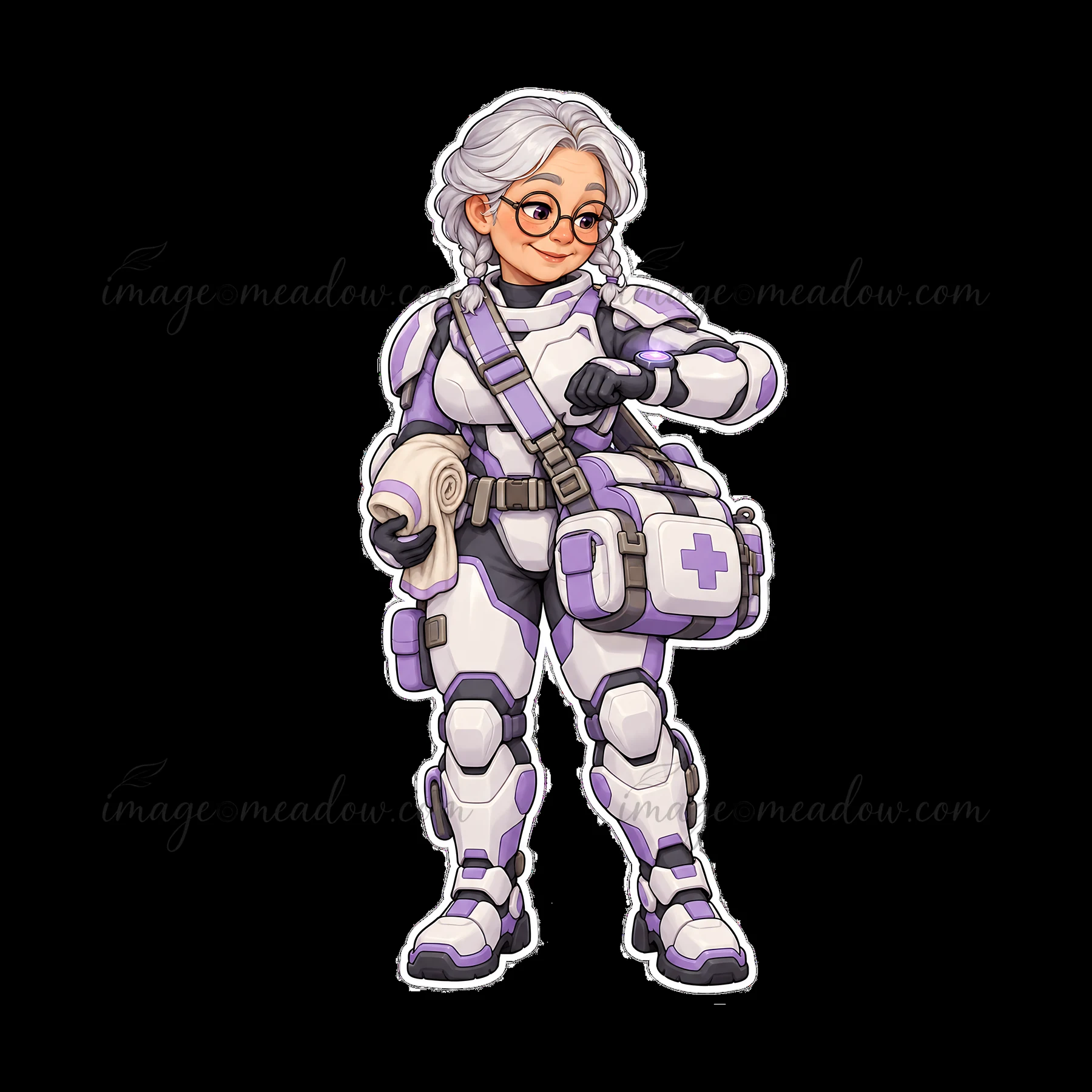 A character in a futuristic suit colored purple and white stands confidently. She has gray hair, glasses, and carries a medical bag. The character looks ready f