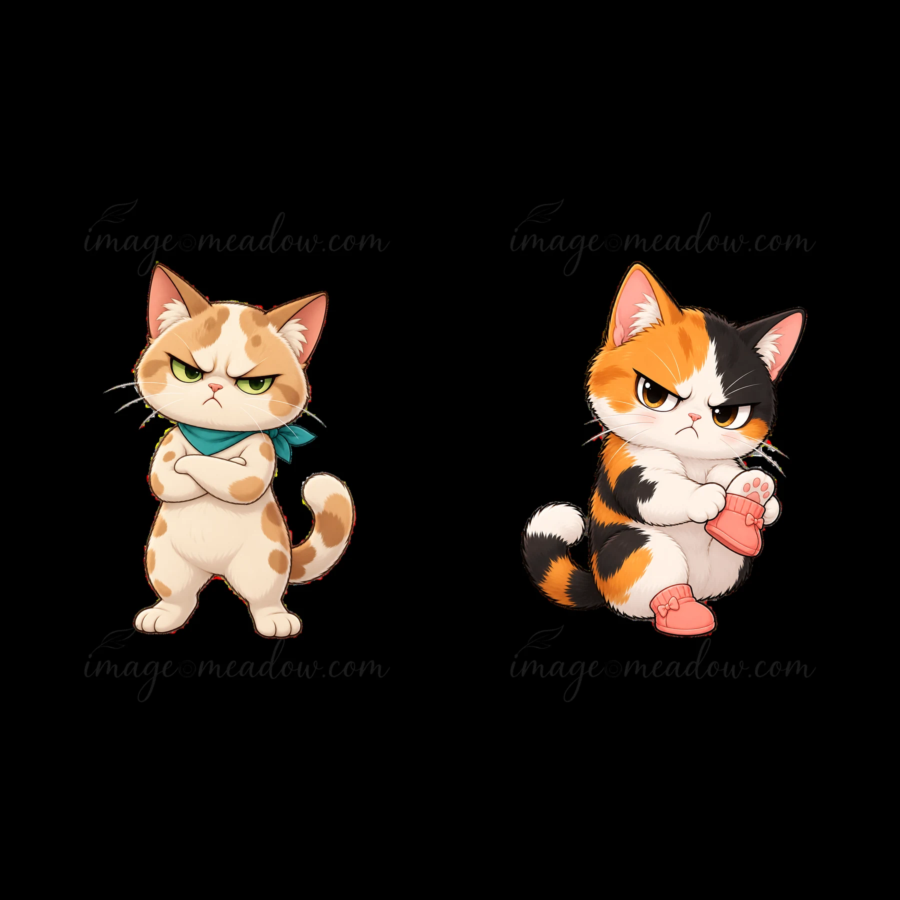 Two cartoon grumpy cats are displayed side by side. One cat has a light tan coat with orange spots and a green scarf, standing with arms crossed.