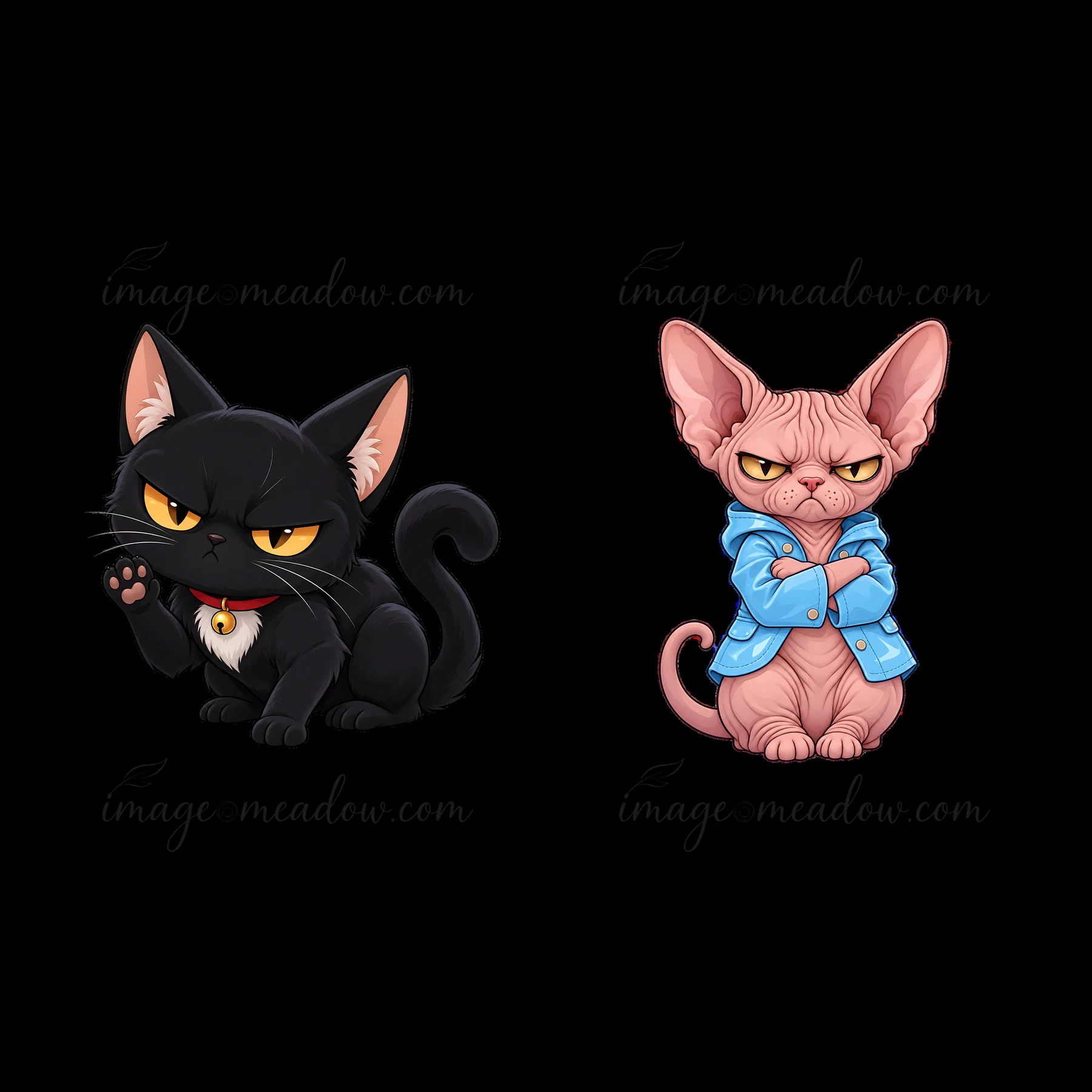 Two cartoon stickers feature a black cat with a grumpy expression and a sphinx cat showing annoyance. The black cat has a shiny coat, while the sphinx is wearin