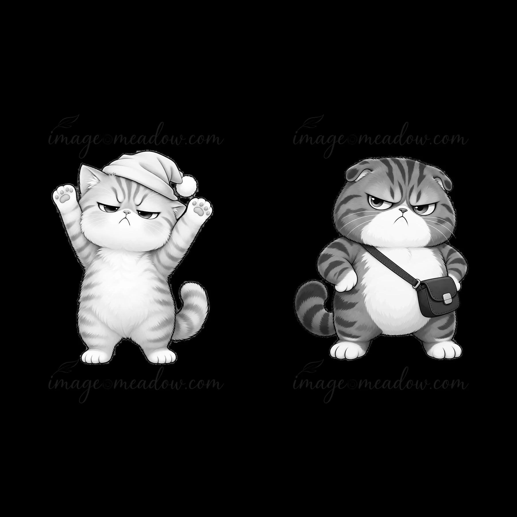 Two kawaii grumpy cats are standing side by side. One cat wears a Santa hat and raises its arms. The other cat has a small bag and a stern expression. They exhi