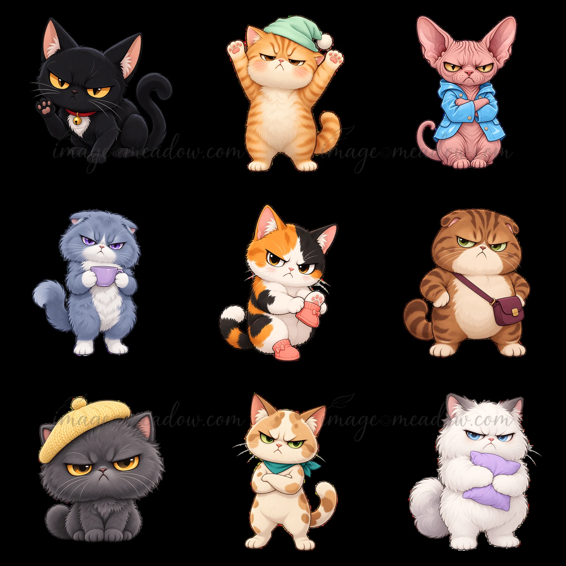Nine kawaii grumpy cat stickers are displayed in a 3x3 layout. Each cat has a distinct expression and outfit, showcasing a range of emotions and personalities.