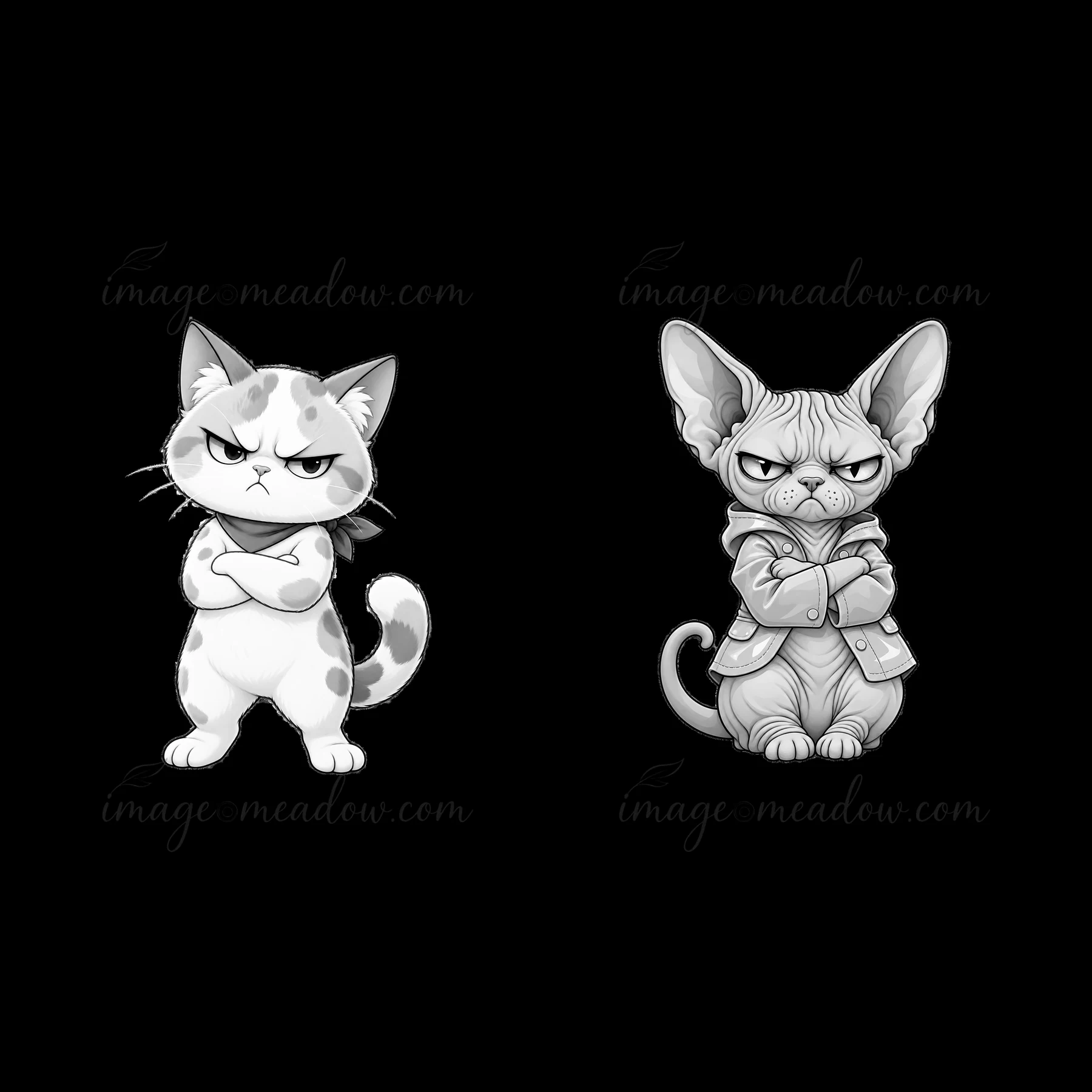 Two cartoon cats stand side by side, each with a unique design. One has a white coat with spots and a scarf, while the other is a hairless breed wearing a shirt