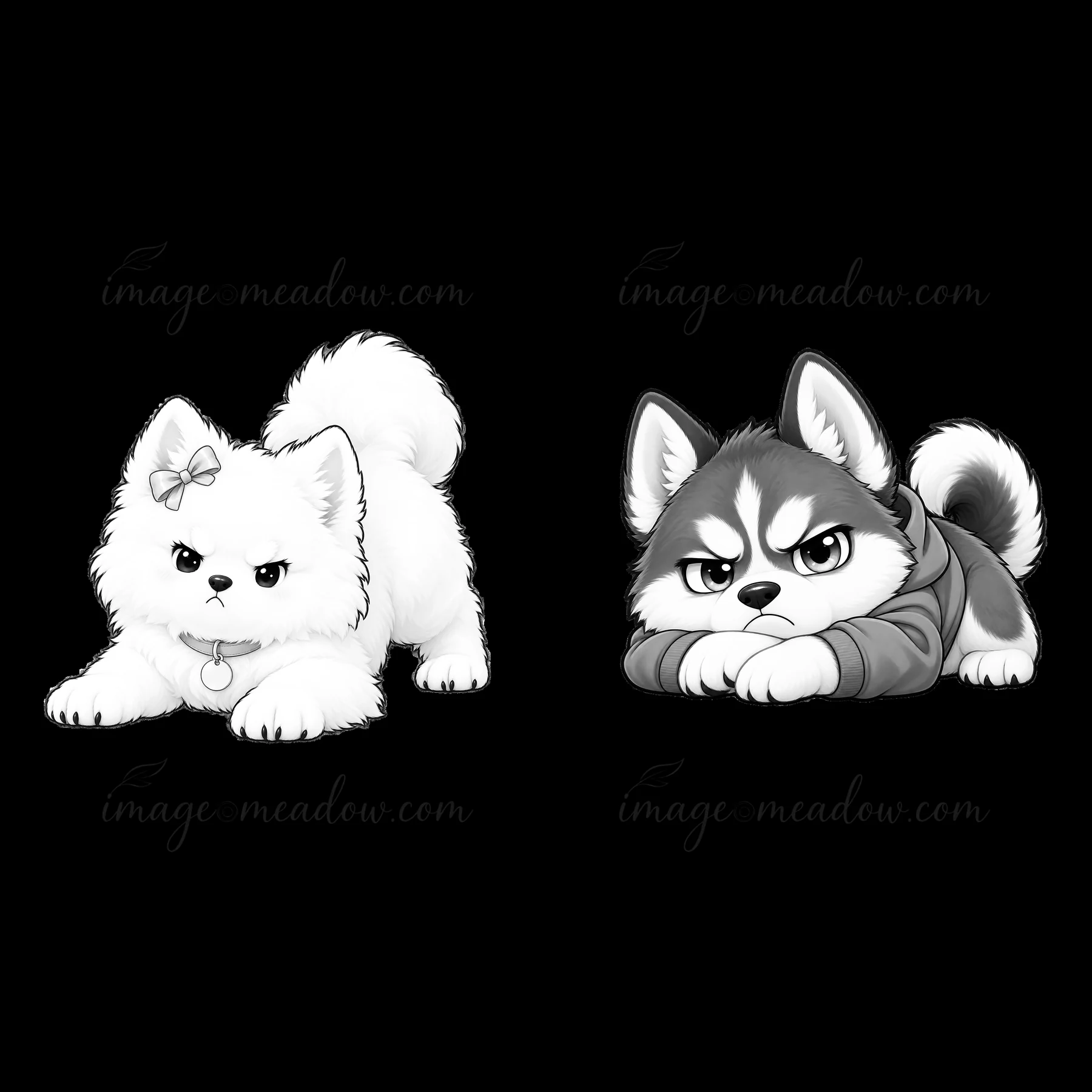 This cartoon illustration features two kawaii dogs, one a fluffy white dog with a bow and the other a gray dog with an annoyed expression. They are both styled