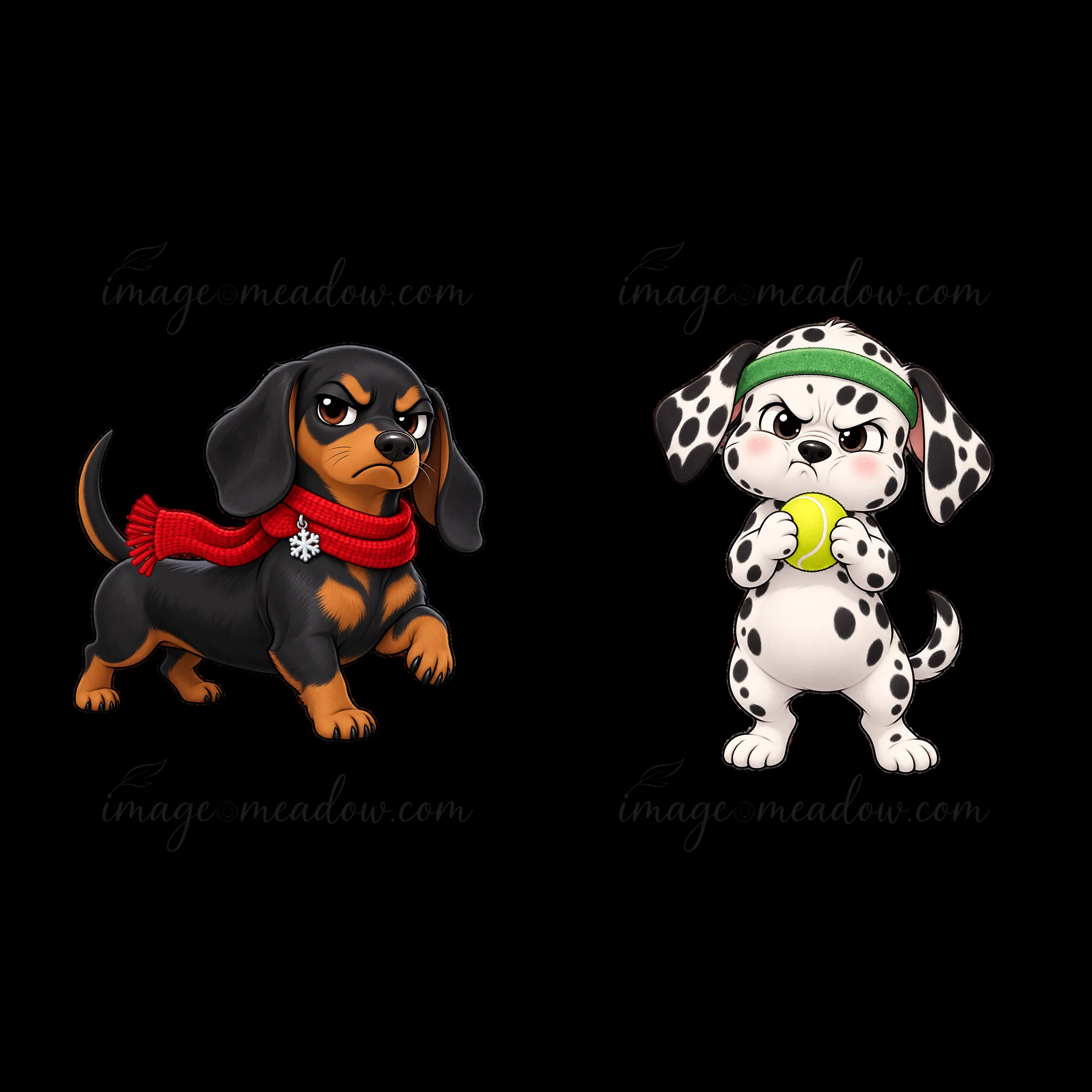 A pair of cartoon stickers features a grumpy dachshund wearing a red scarf and an annoyed dalmatian holding a tennis ball. Both dogs display unique expressions,