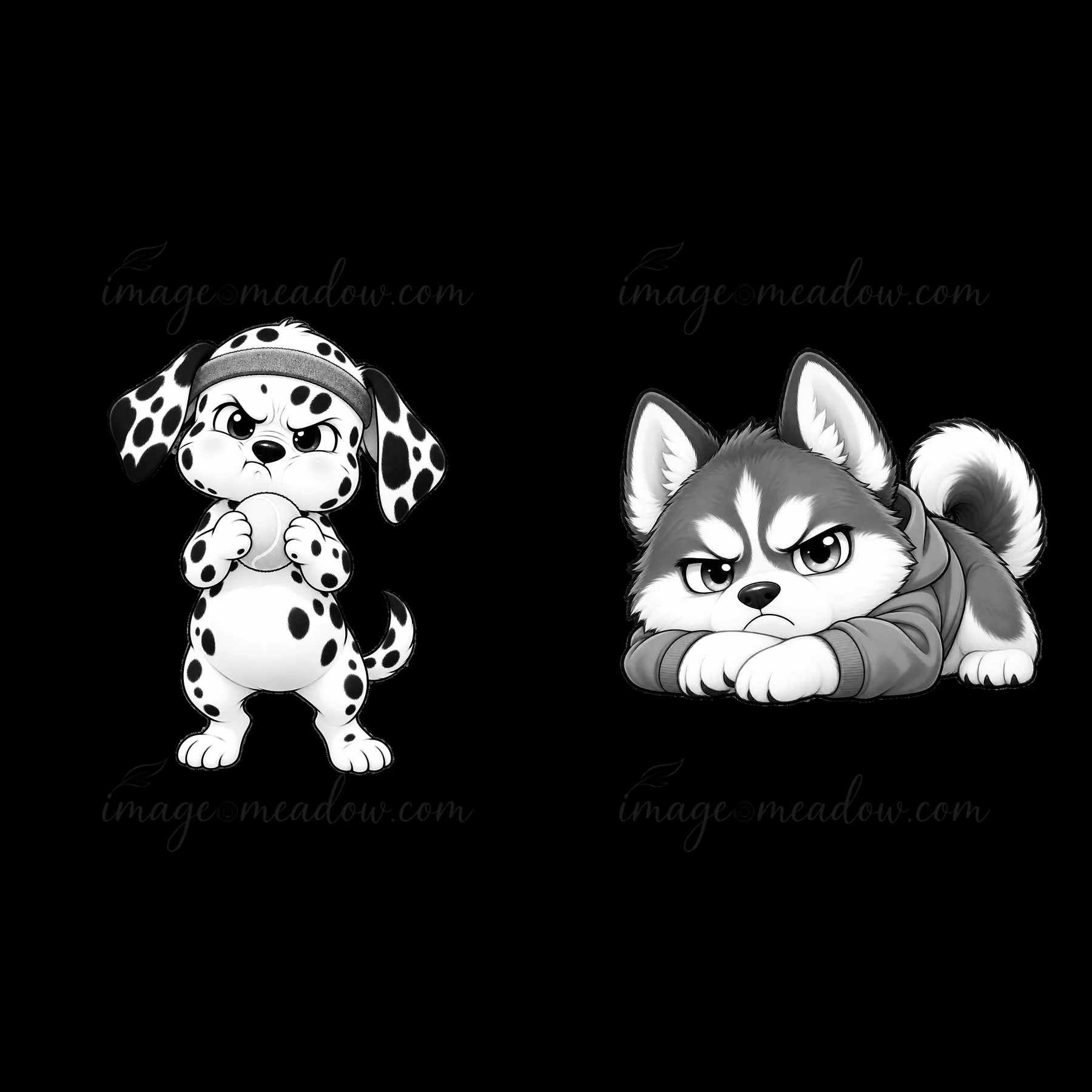 Two cartoon dogs in black and white showcase grumpy expressions. One dog has a spotted coat and stands with a frown. The other dog lies down, sporting a bushy t