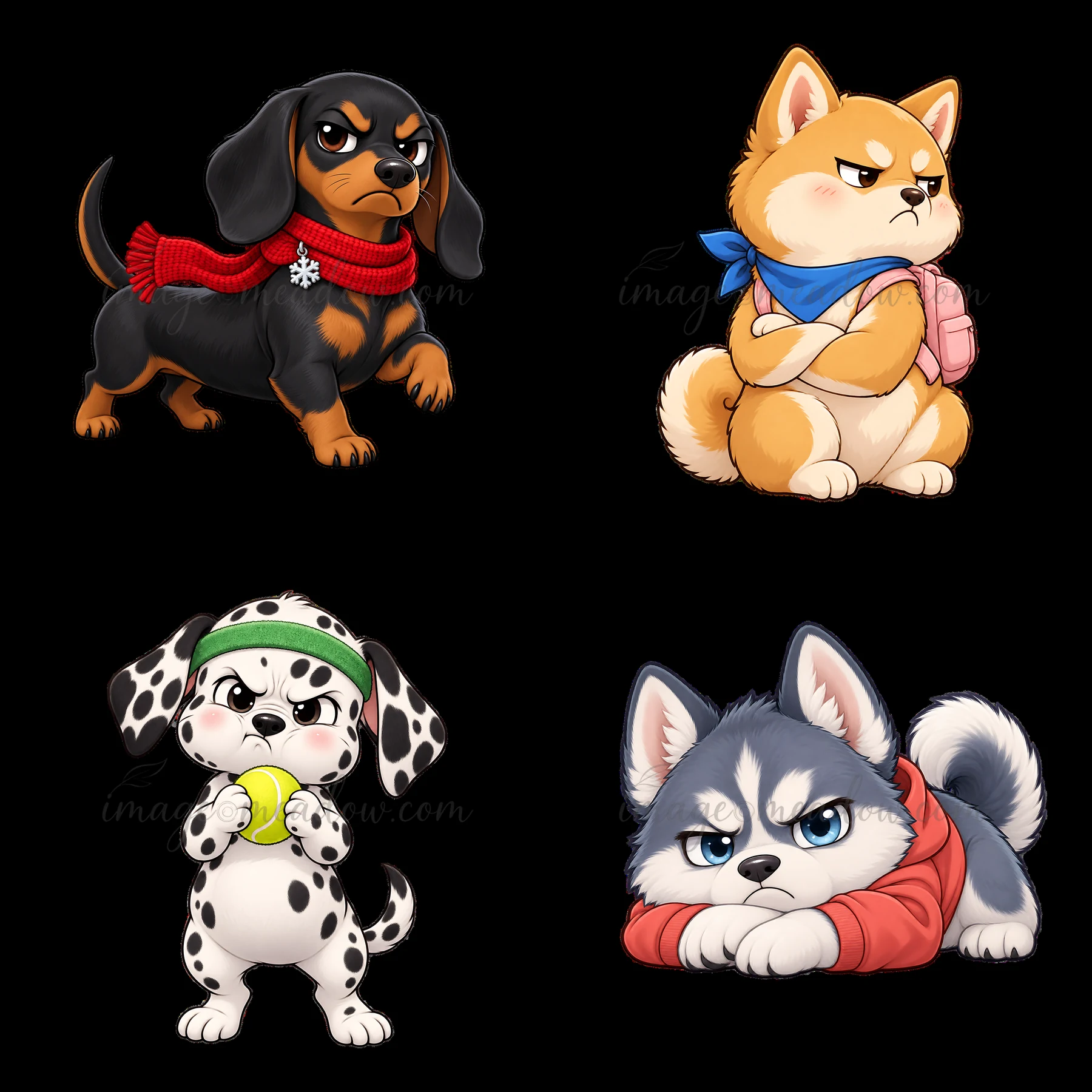 Four cartoon characters show grumpy dogs. Top left is a black and tan dachshund with a red scarf. Top right is a shiba inu with a blue bandana. Bottom left is a