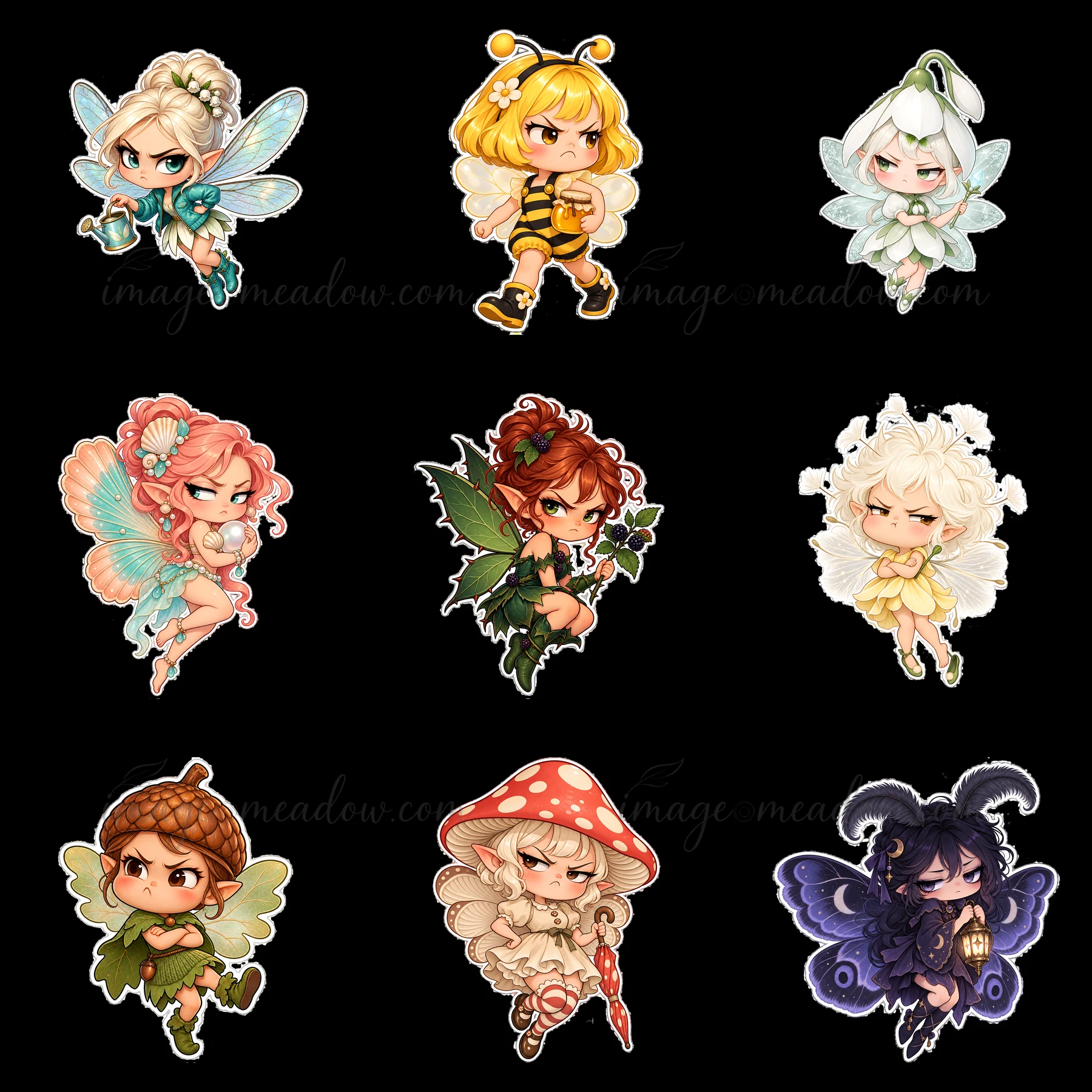 This sticker set features nine grumpy fairies in a 3x3 layout, each with unique colors and designs. The fairies include characters with floral and nature motifs