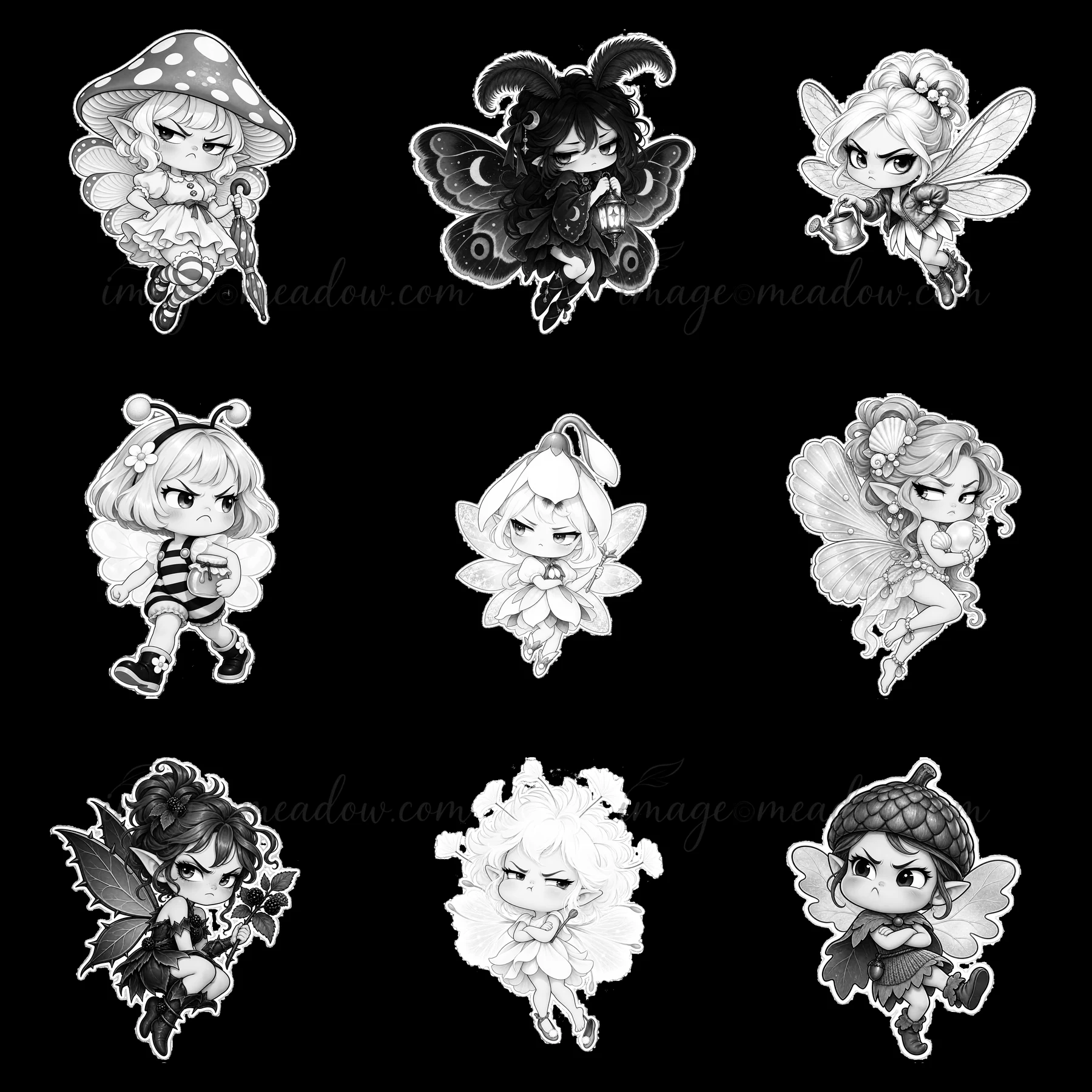 Nine cute but grumpy fairy characters are arranged in a 3x3 grid. Each fairy has unique features and accessories, showcasing diverse designs and expressions. Th