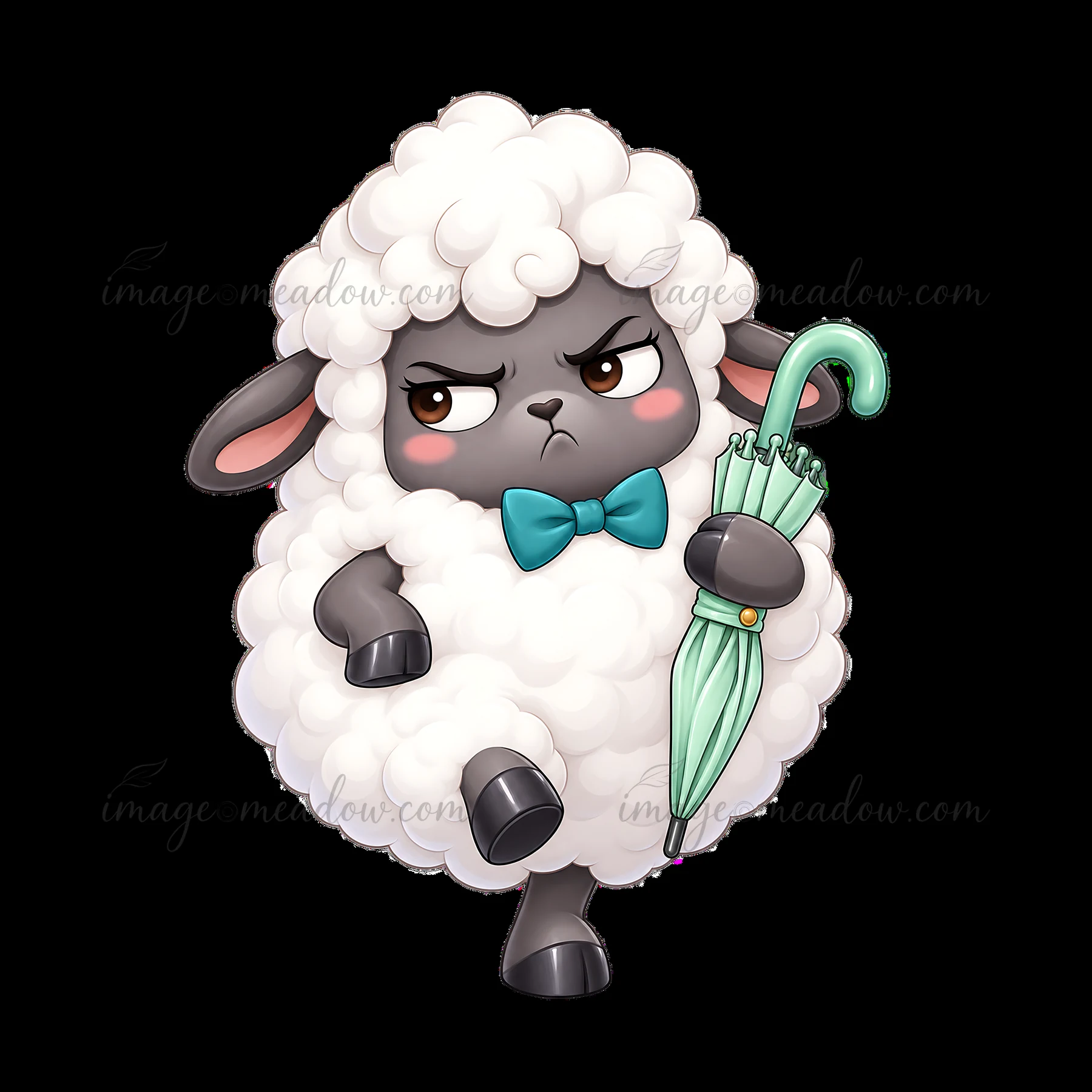 A sheep with fluffy white wool and gray ears has an annoyed expression. It stands on two legs while holding a light green umbrella. The bow tie adds a cute touc