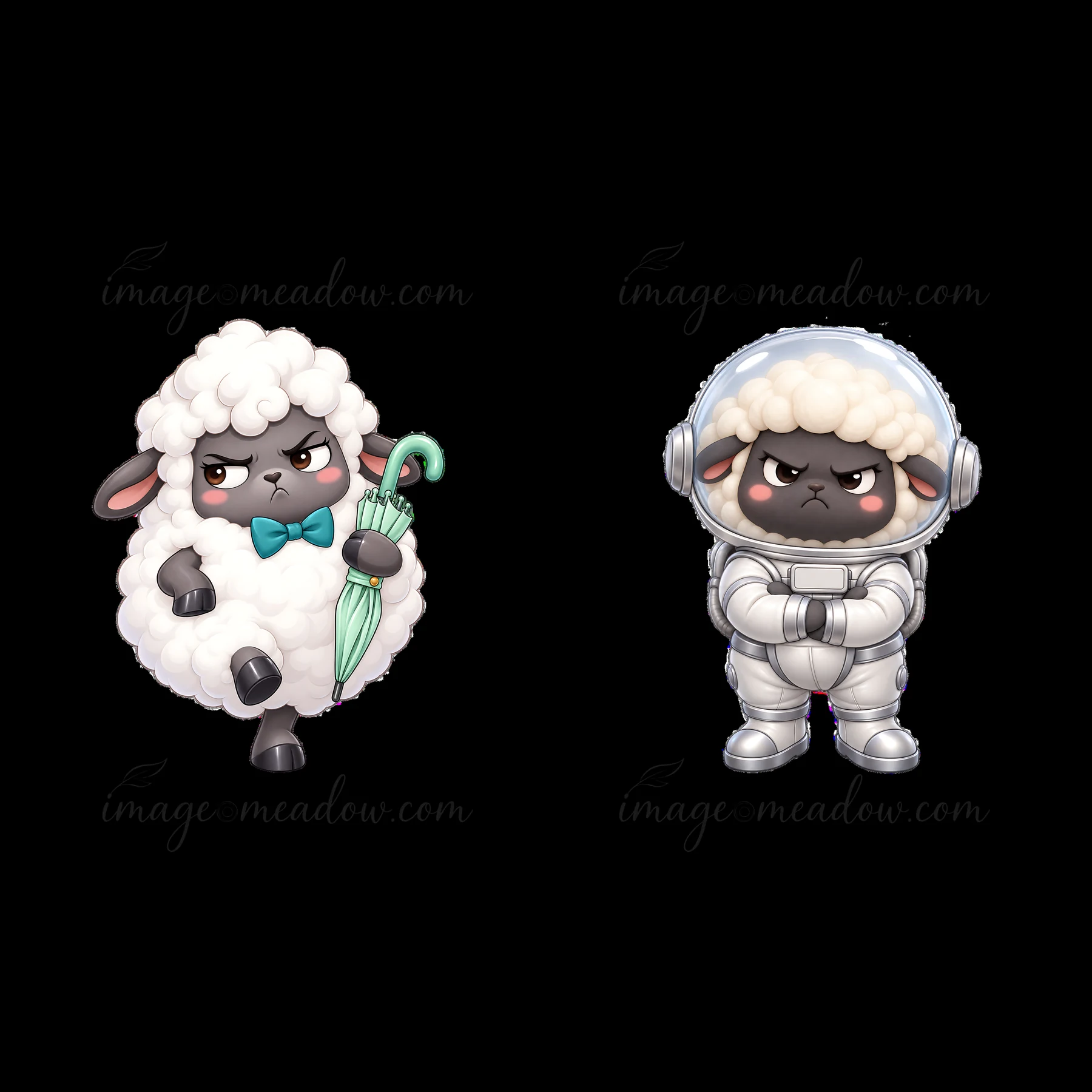 Two cartoon sheep stand side by side. One sheep holds an umbrella and wears a bowtie, while the other sheep wears a shiny astronaut suit. Both have grumpy expre