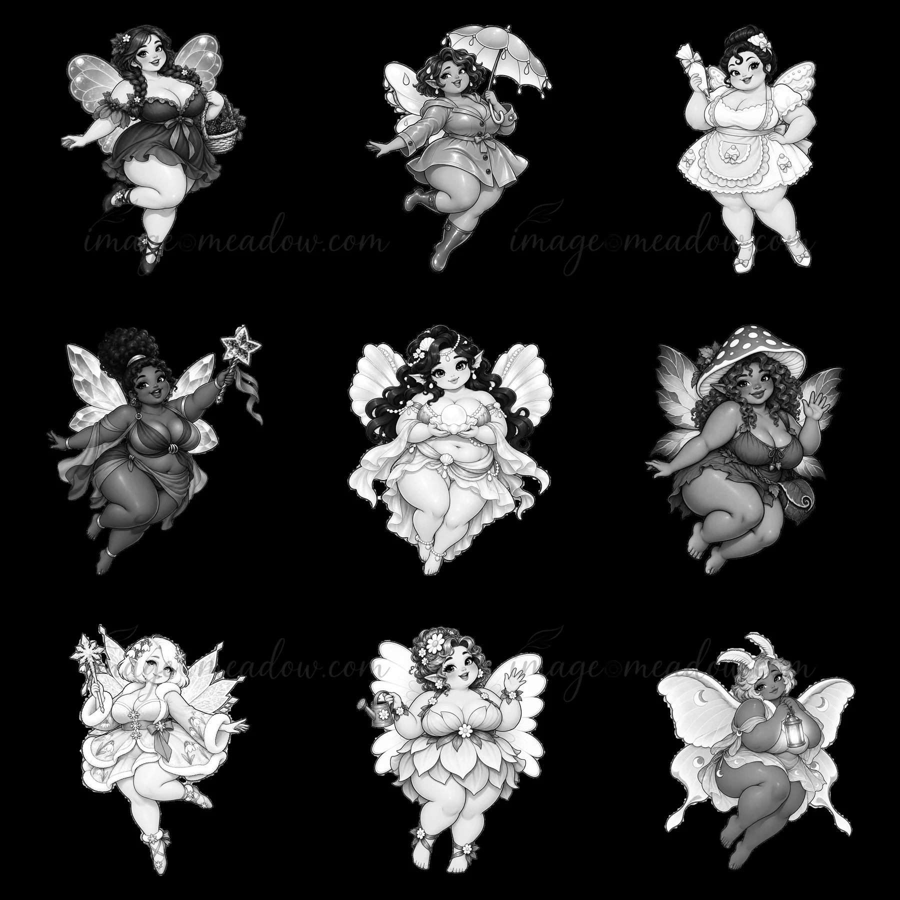 This design displays nine kawaii ultra-fat fairies arranged in a 3x3 grid. Each fairy features different accessories and poses, highlighting their playful and w
