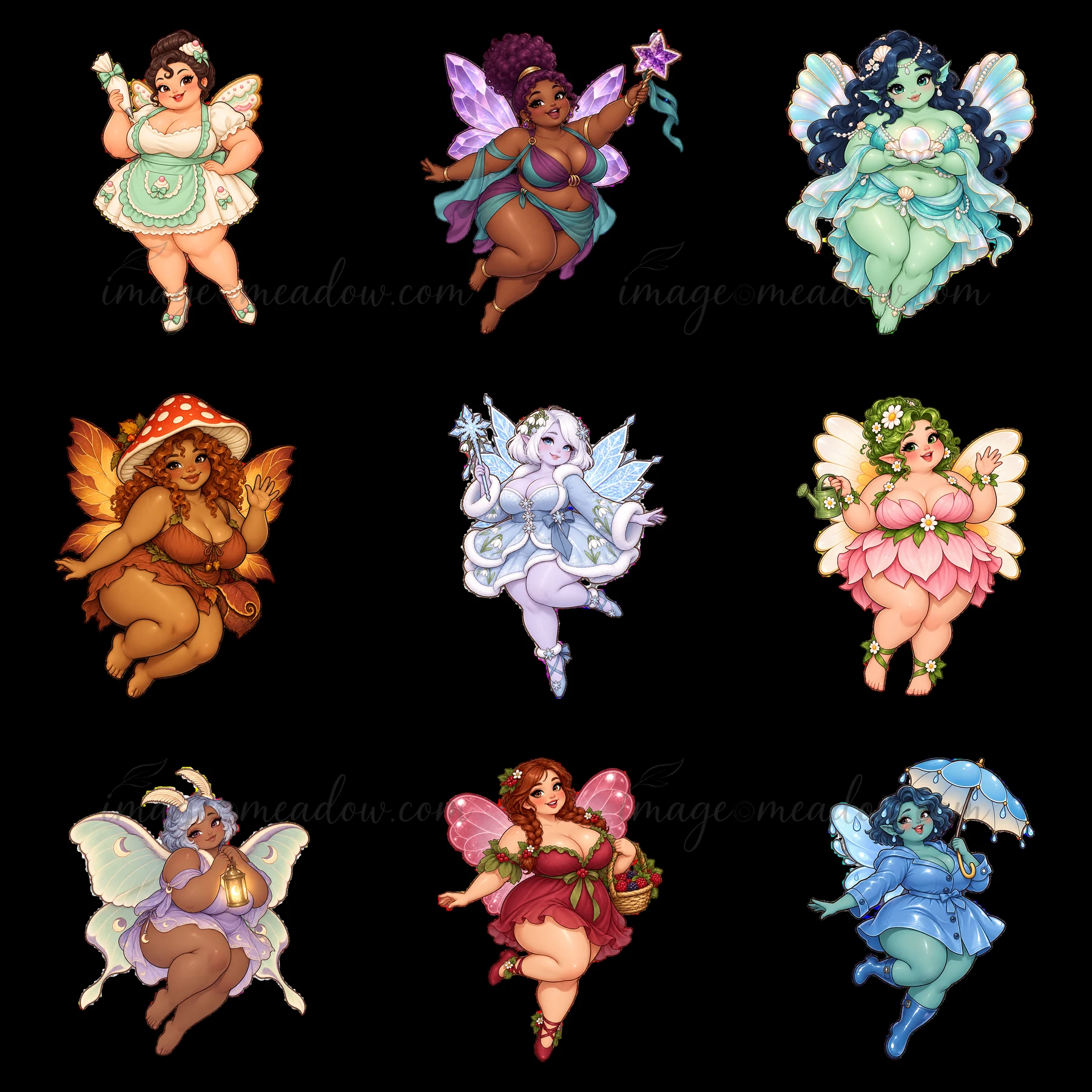 Nine kawaii ultra-fat fairies are seen dancing together. Each fairy displays unique colors and features, wearing various nature-themed outfits. The scene captur