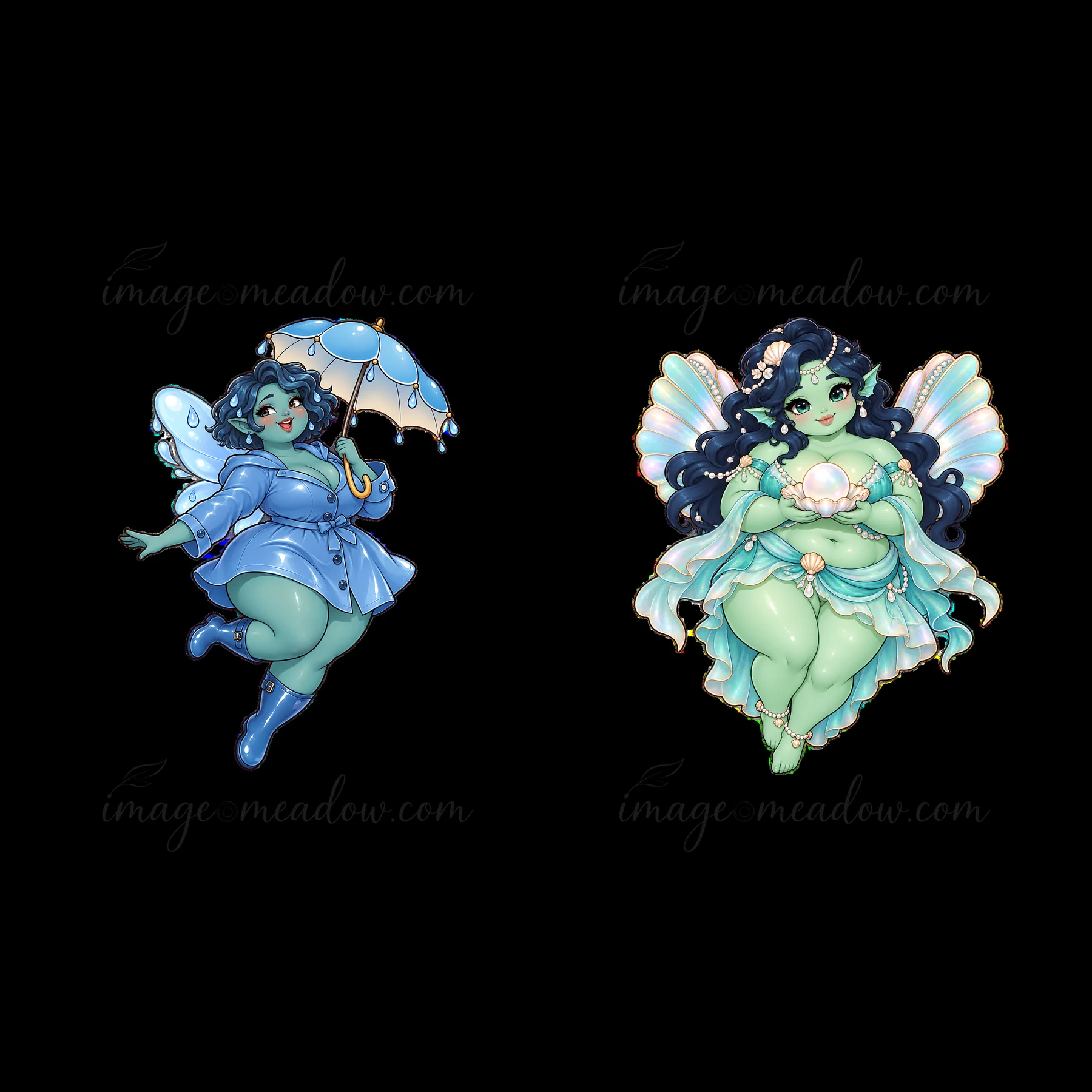 Two kawaii ultra-fat fairies stand side by side, one with a blue umbrella and a playful pose, while the other holds a pearl. They showcase vibrant colors and ch