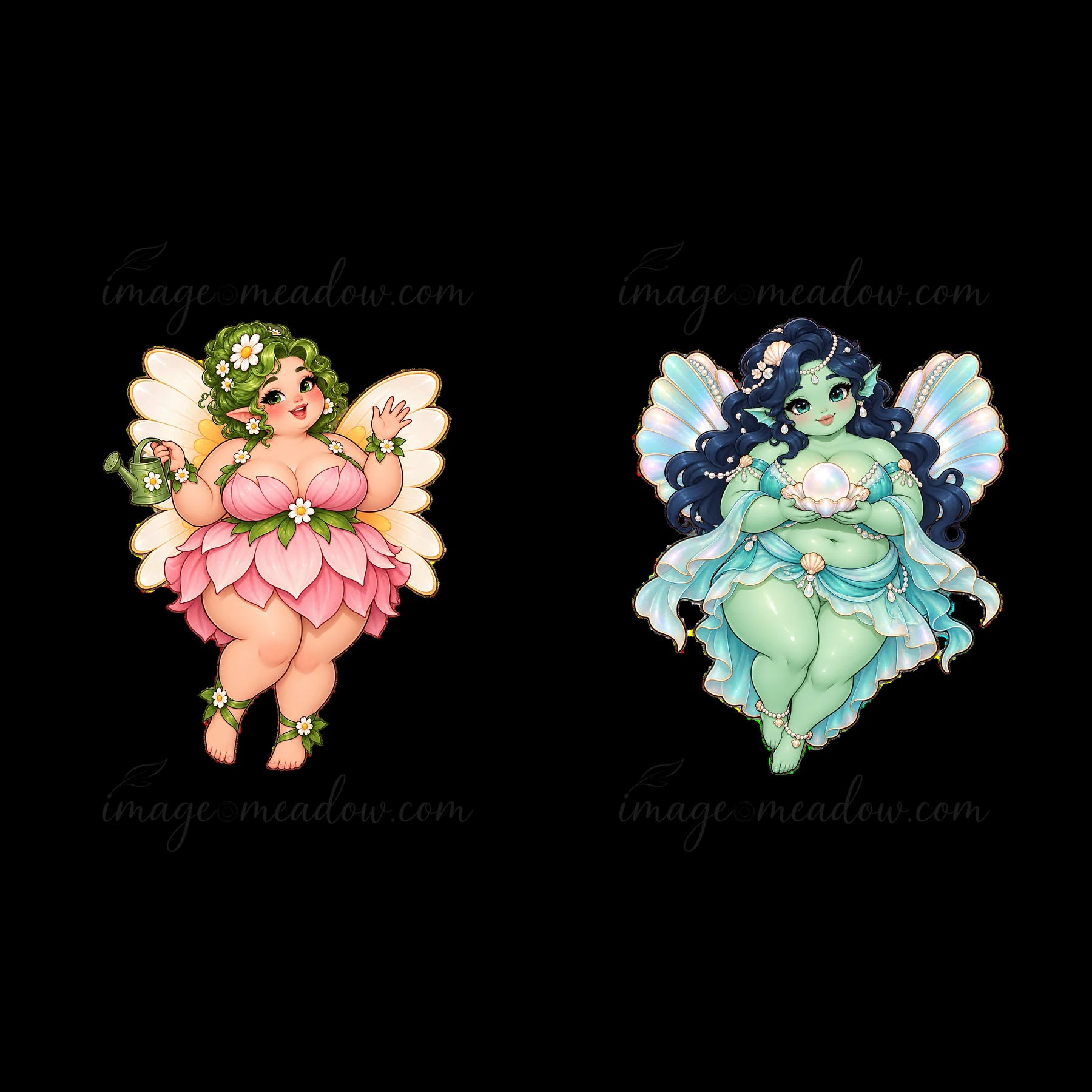 Two kawaii ultra-fat fairies stand side by side. One has a flower theme with pink petals and green curls, while the other features blue hues and a pearl accesso