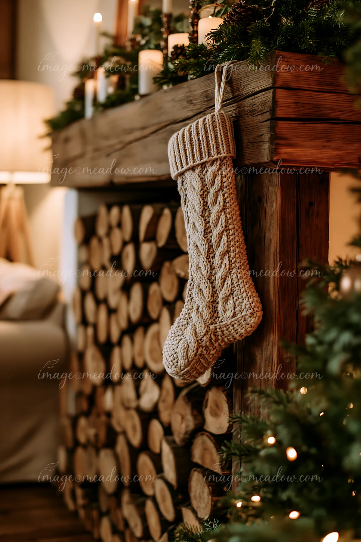 Knitted Christmas stocking hangs from a rustic wooden mantel beside evergreen branches, candles, and stacked firewood.