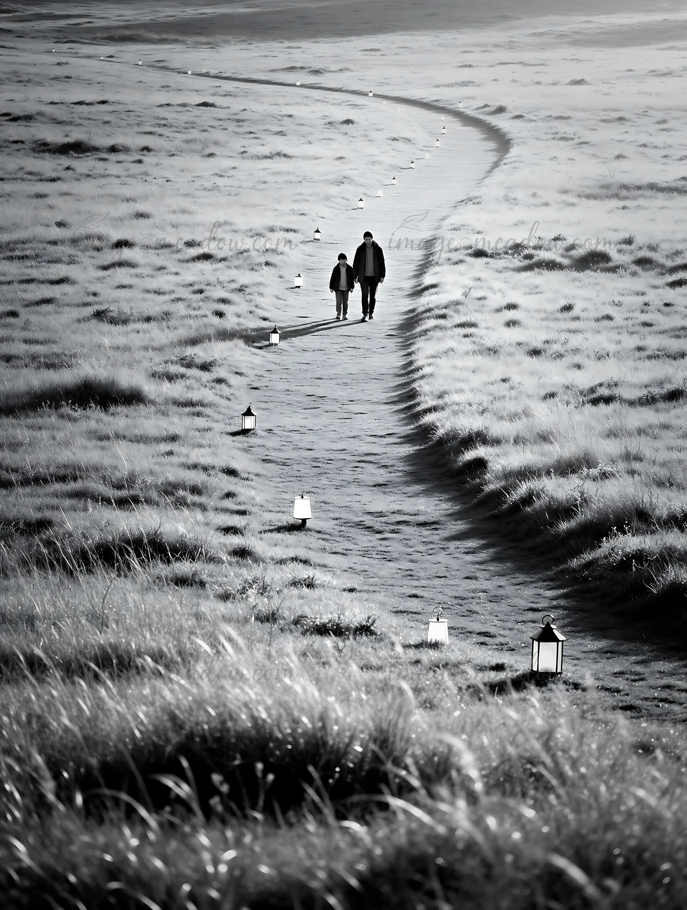 Two people walk on a path in a grassy meadow. Lanterns are placed along the trail, guiding their way. The scene is captured in a black and white tone, creating