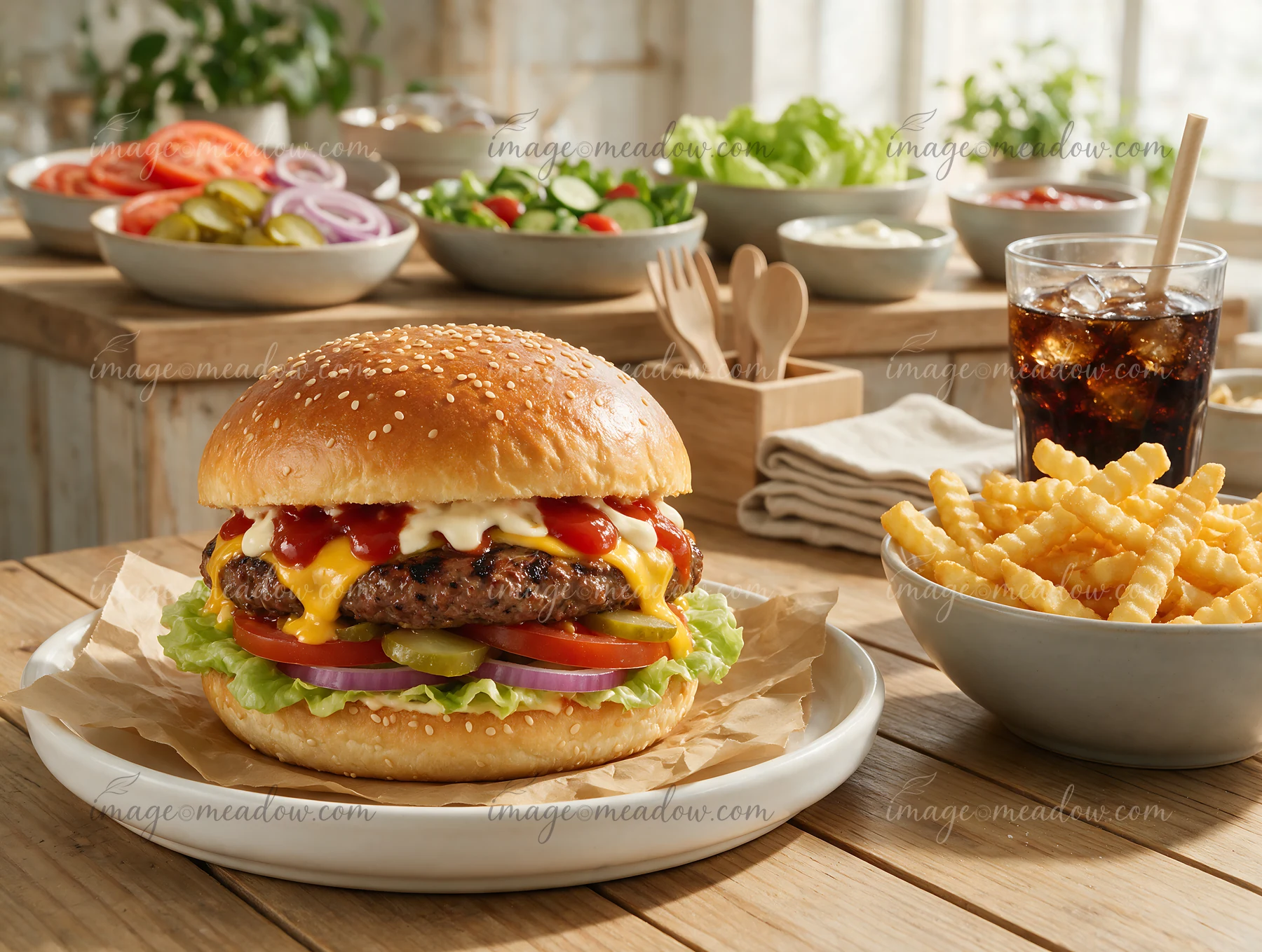 Large cheeseburger with fries, toppings, condiments, and soda arranged as a burger buffet setup on a wooden table.