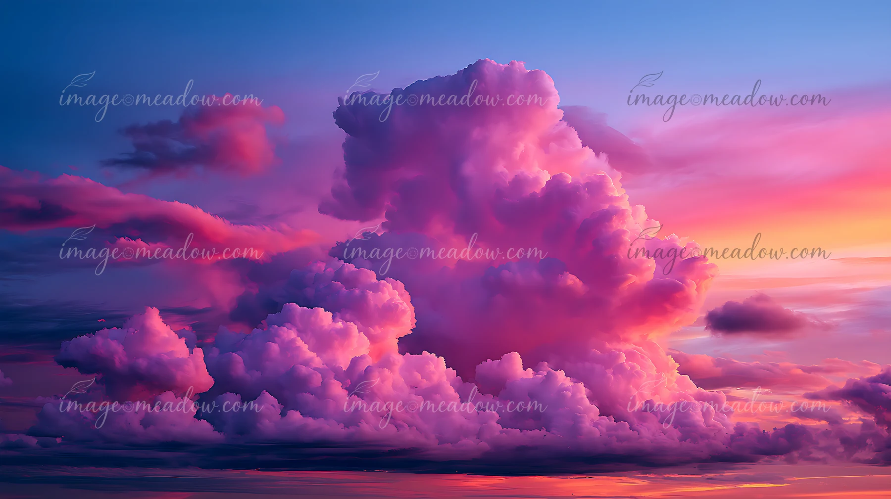 Large clouds gather in the sky during sunset, showcasing shades of pink and purple against a backdrop of twilight.