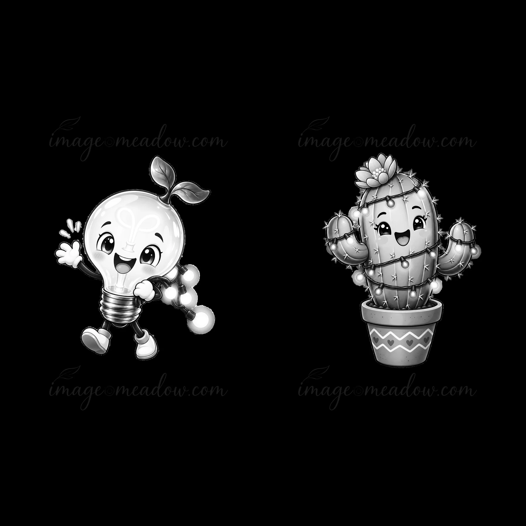 A light bulb character holds string lights and has a cheerful smile. Next to it, a smiley cactus in a pot displays bright features. Both characters are illustra