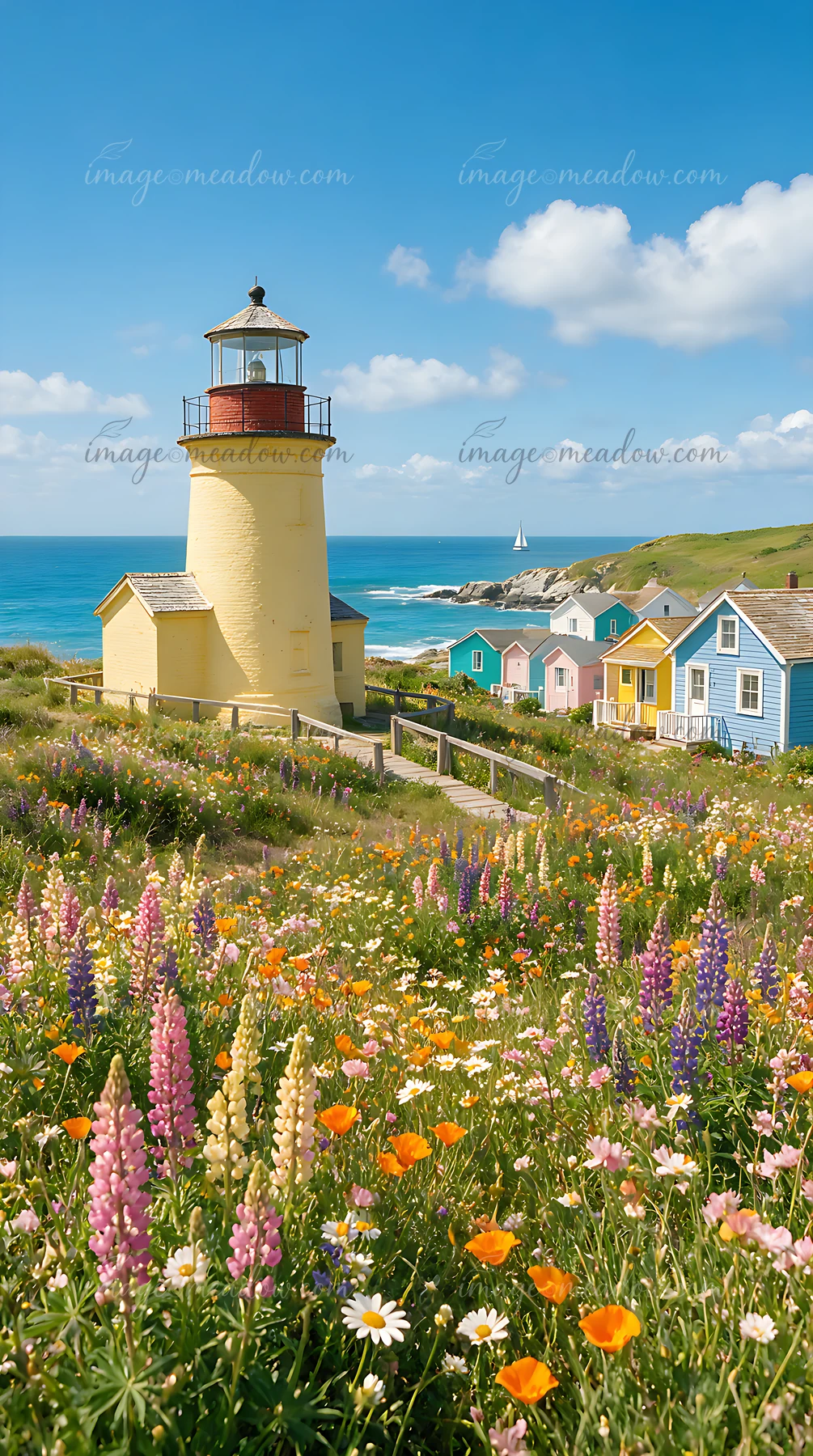Lighthouse beside colorful beach cottages overlooking the ocean, rocky coast, sailboat, and a field of wildflowers.
