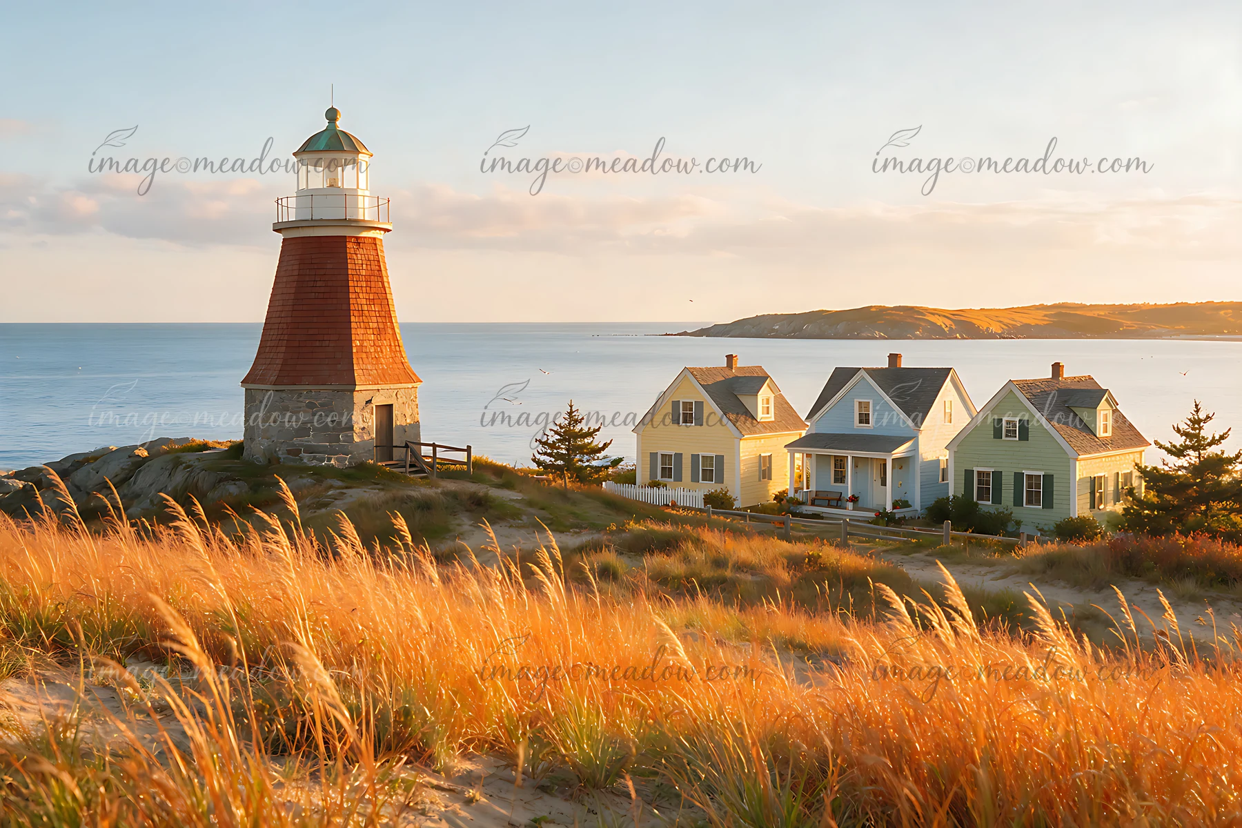 Lighthouse beside colorful coastal cottages overlooking the sea and grassy dunes in warm evening light.