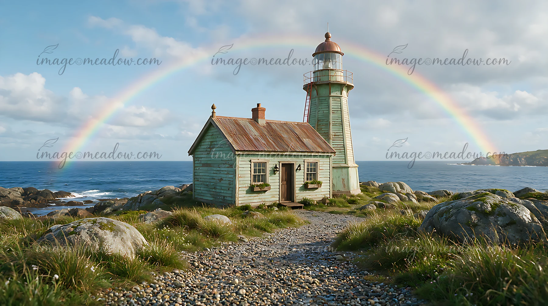 Lighthouse beside the ocean with a rainbow arching across a partly cloudy sky and rocks in the foreground.