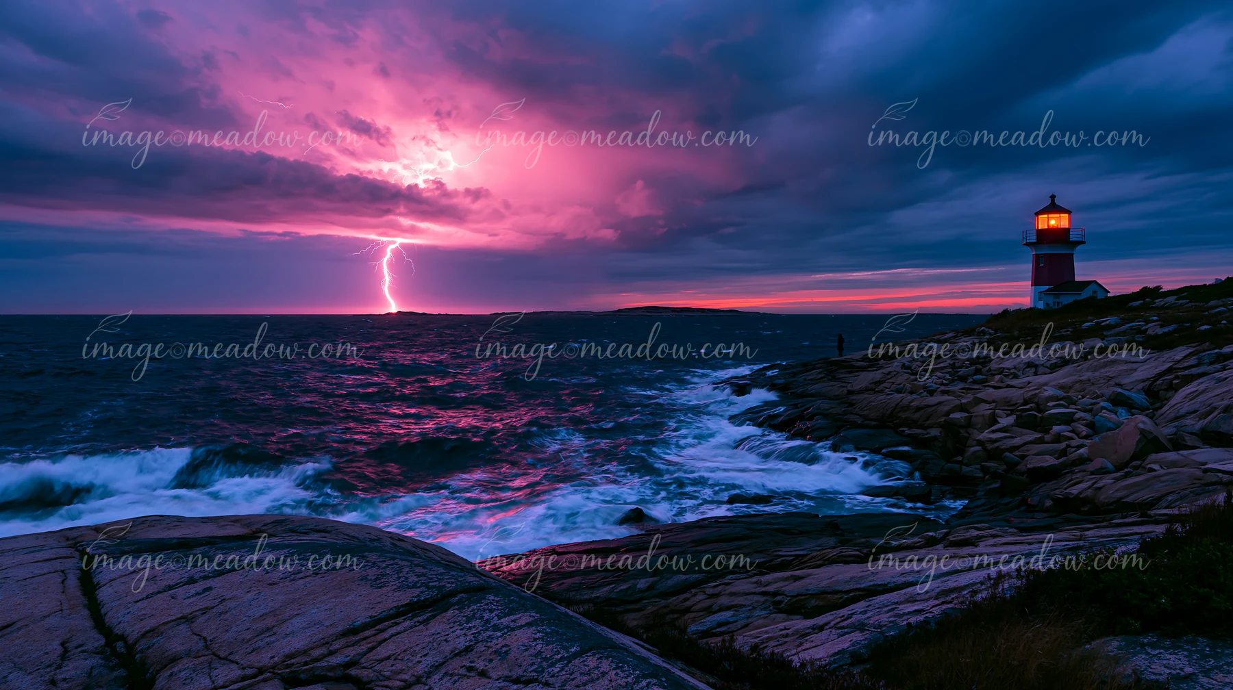 Lightning strikes above a rocky coastline with dramatic clouds and crashing waves.