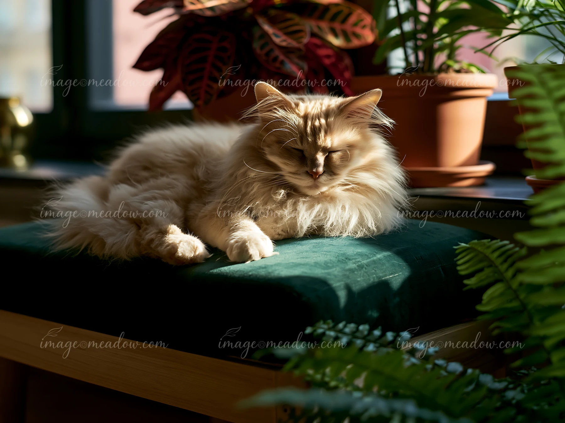 Long-haired cat sleeps on a cushion at home, surrounded by potted plants and warm sunlight.