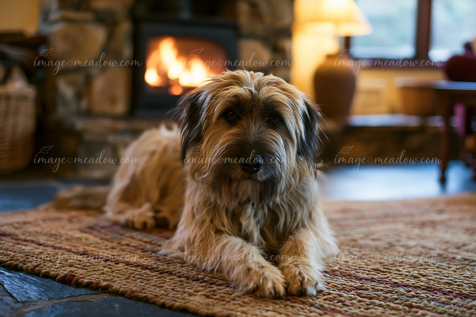Long-haired dog lies on a woven rug in front of a glowing fireplace in a warm living room.