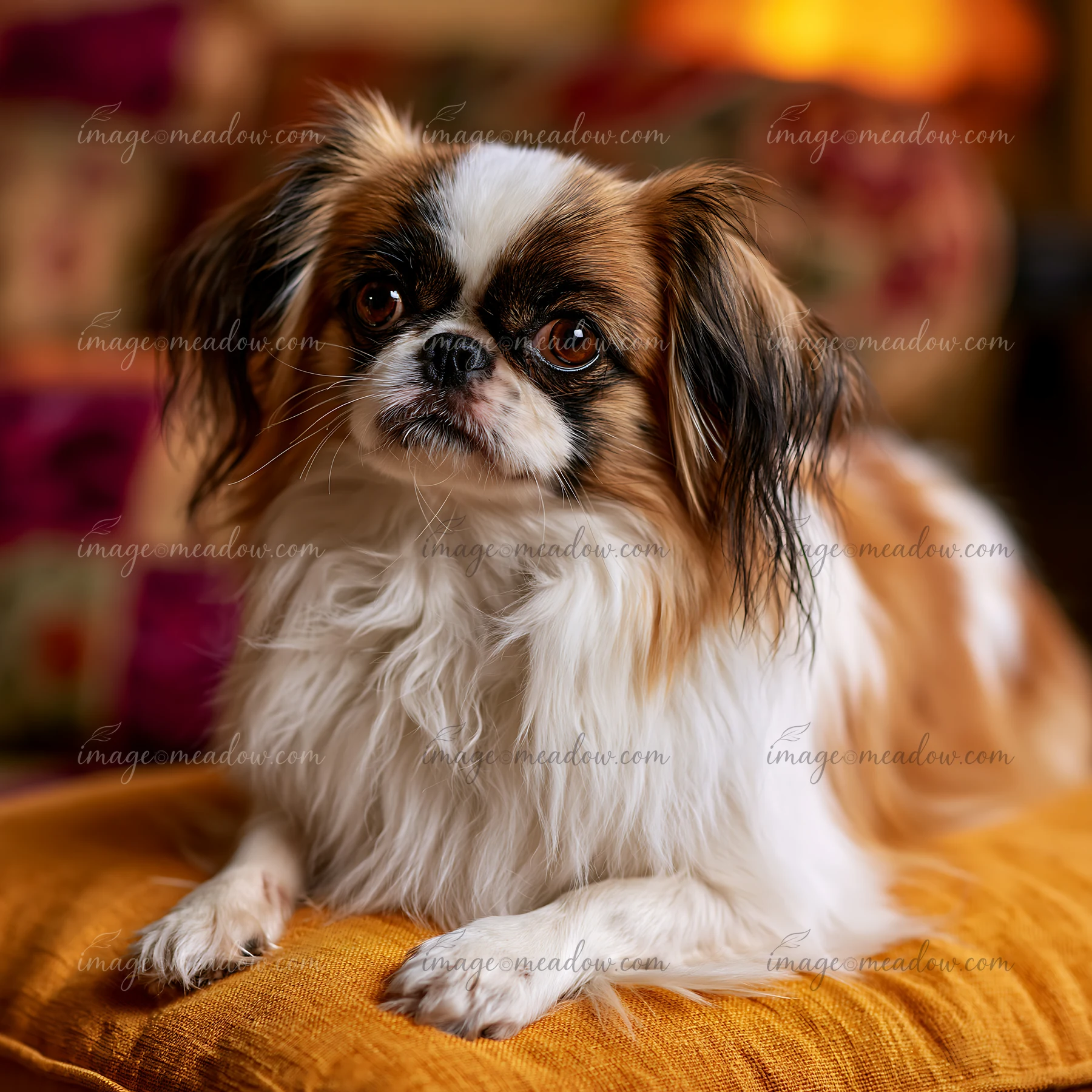 Long-haired small dog resting on a warm cushion in a softly blurred studio portrait.