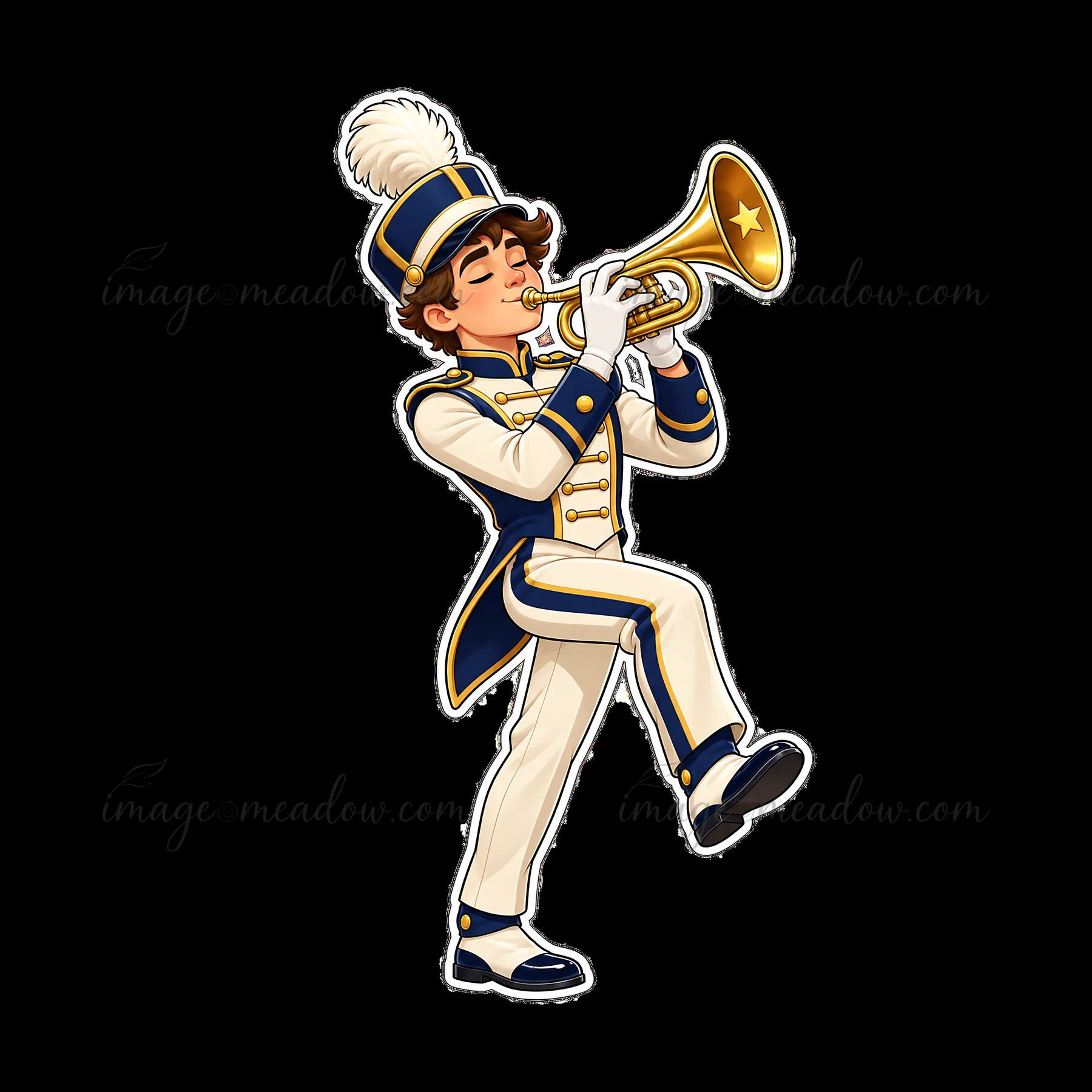 A young male musician in a marching band uniform plays a trumpet. He wears a hat with a plume and shows a smile. This illustration captures a moment of performa
