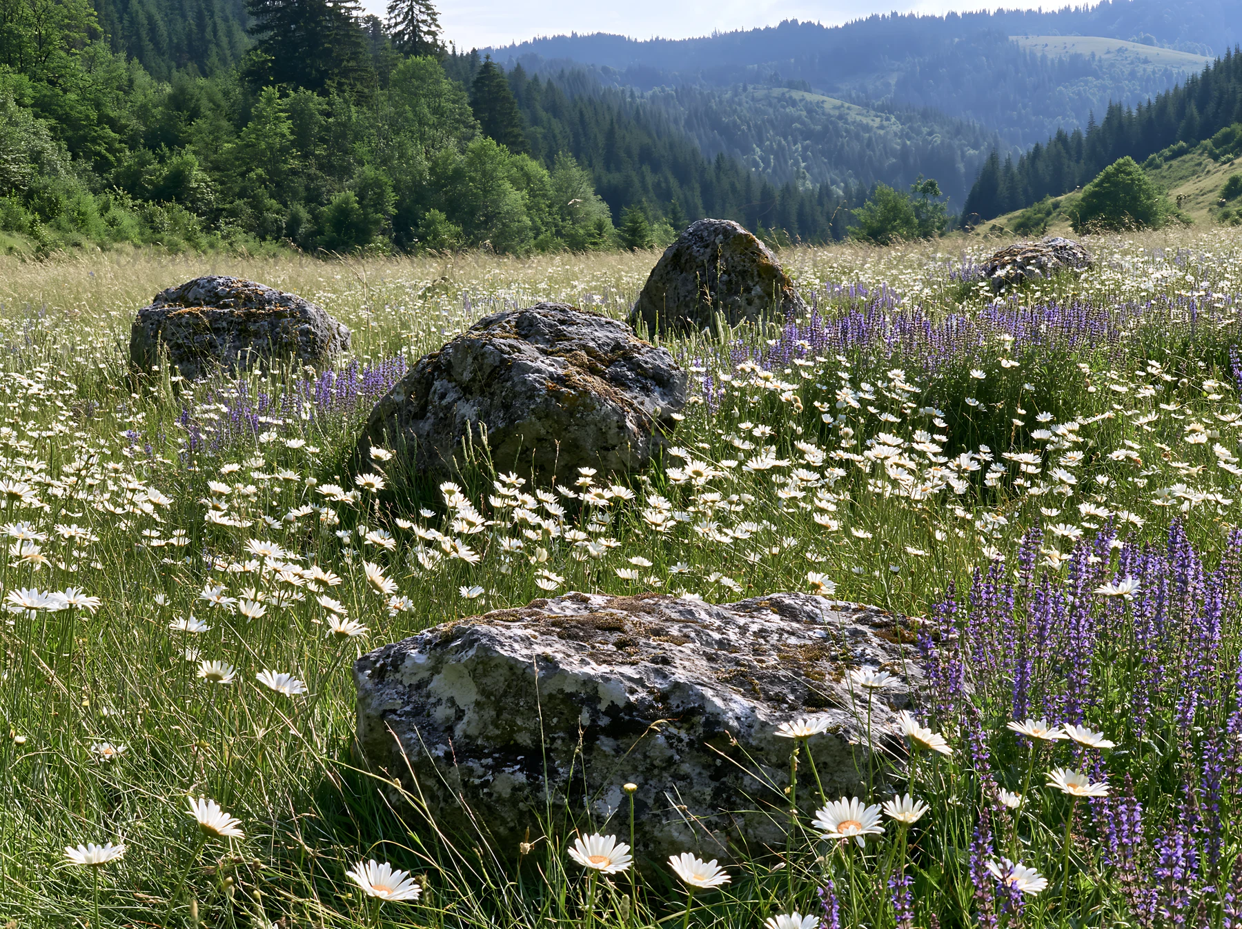 A meadow filled with wildflowers surrounds large boulders under a clear sky. Trees and mountains can be seen in the background, indicating a natural setting dur
