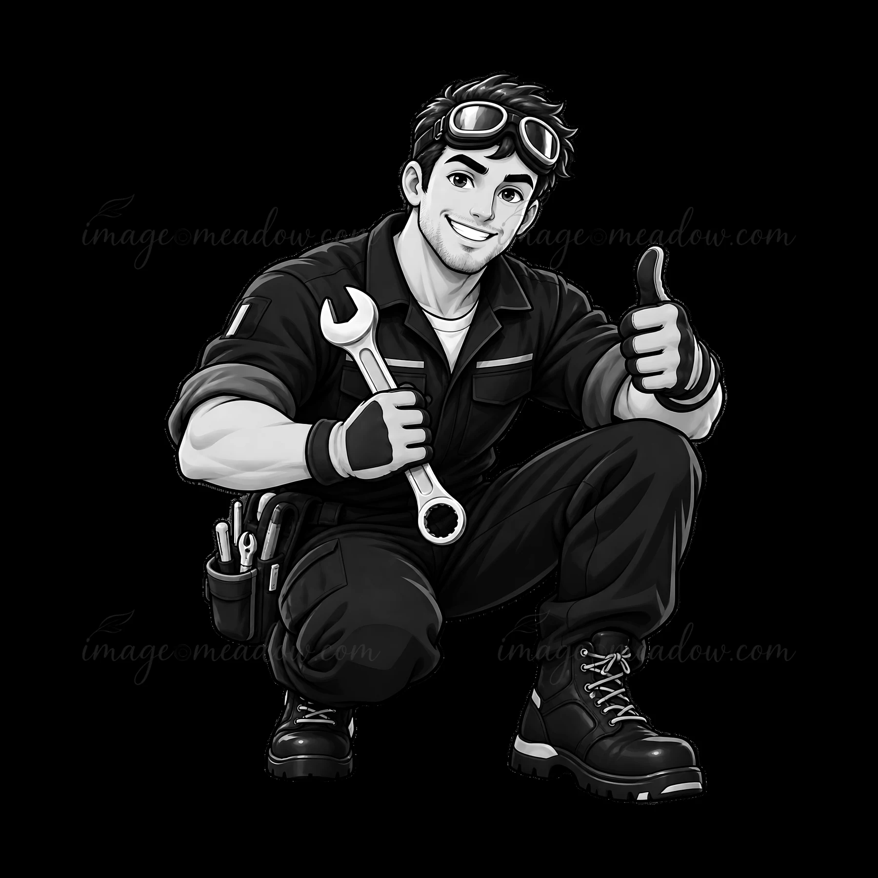 A mechanic crouches down, smiling and giving a thumbs up while holding a wrench in one hand. He wears a black jumpsuit, gloves, and safety goggles, showing his