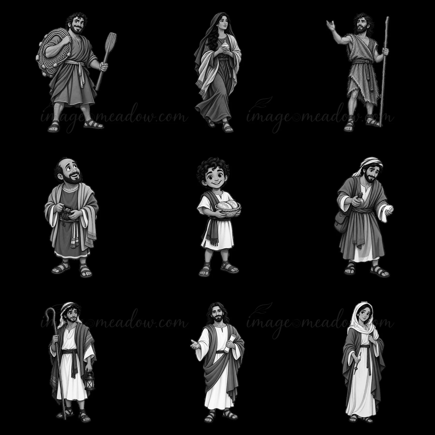 This illustration features a 3x3 grid of cartoon figures depicting people from the life of Jesus. Each character is distinct, showing various roles and expressi