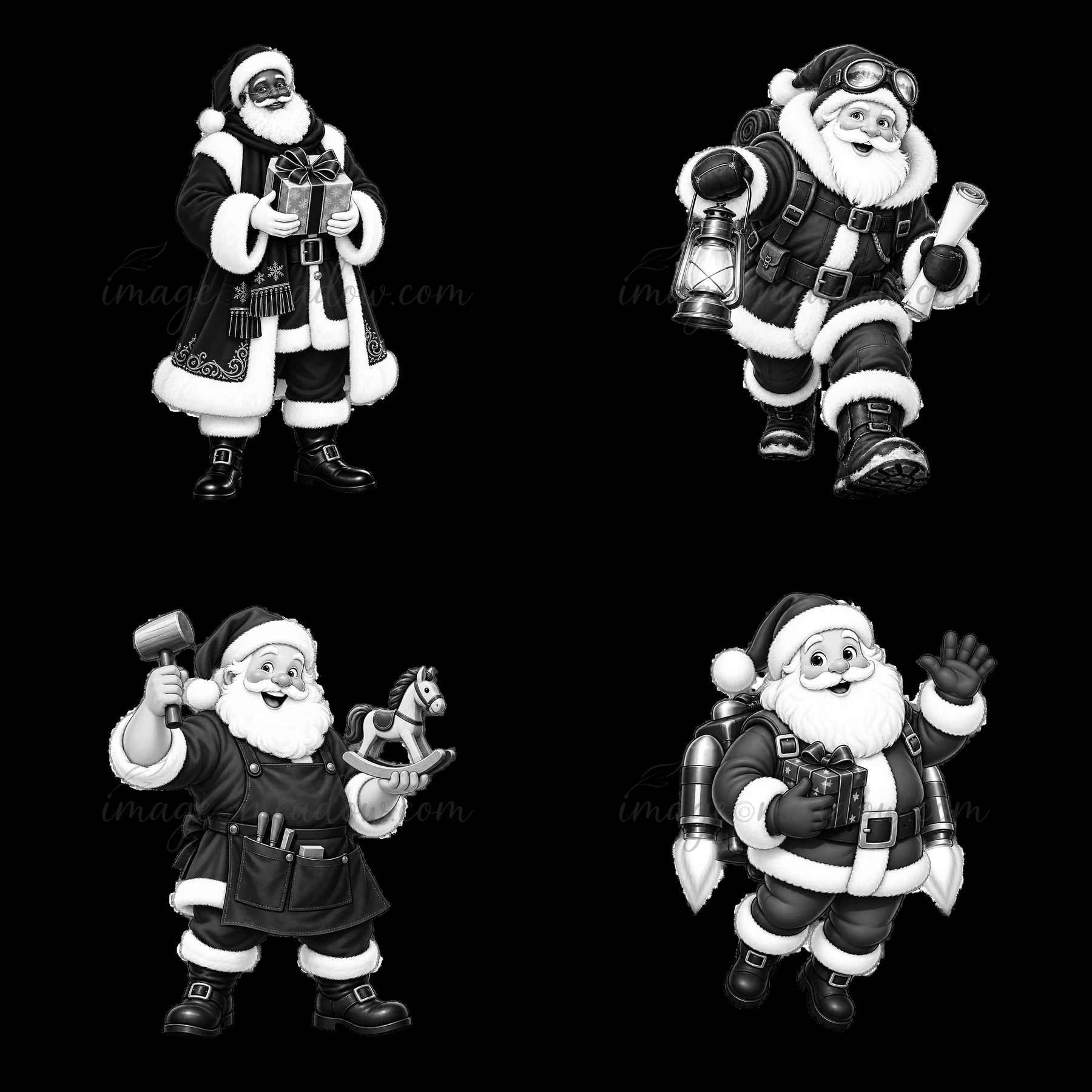 Four distinct Santa Claus characters are featured in a 2x2 layout. Each Santa has unique outfits and accessories, showcasing different activities and themes. The design is monochrome for versatility.