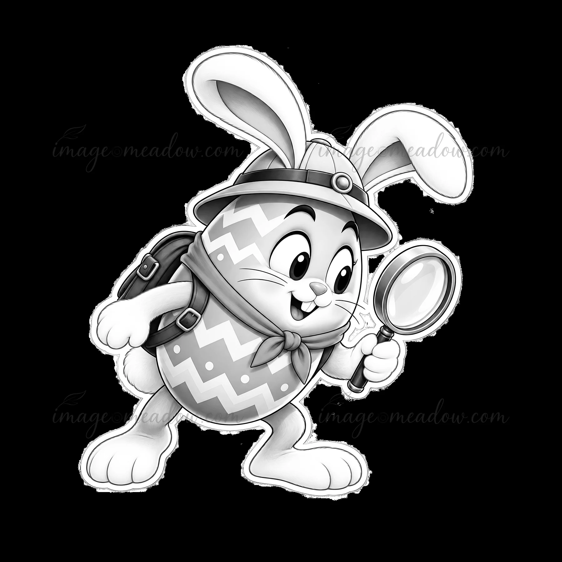 A bunny character wears a hat and scarf while holding a magnifying glass. The bunny looks happy and is actively searching for Easter eggs. Its backpack is attached, preparing for an adventure in a festive setting.