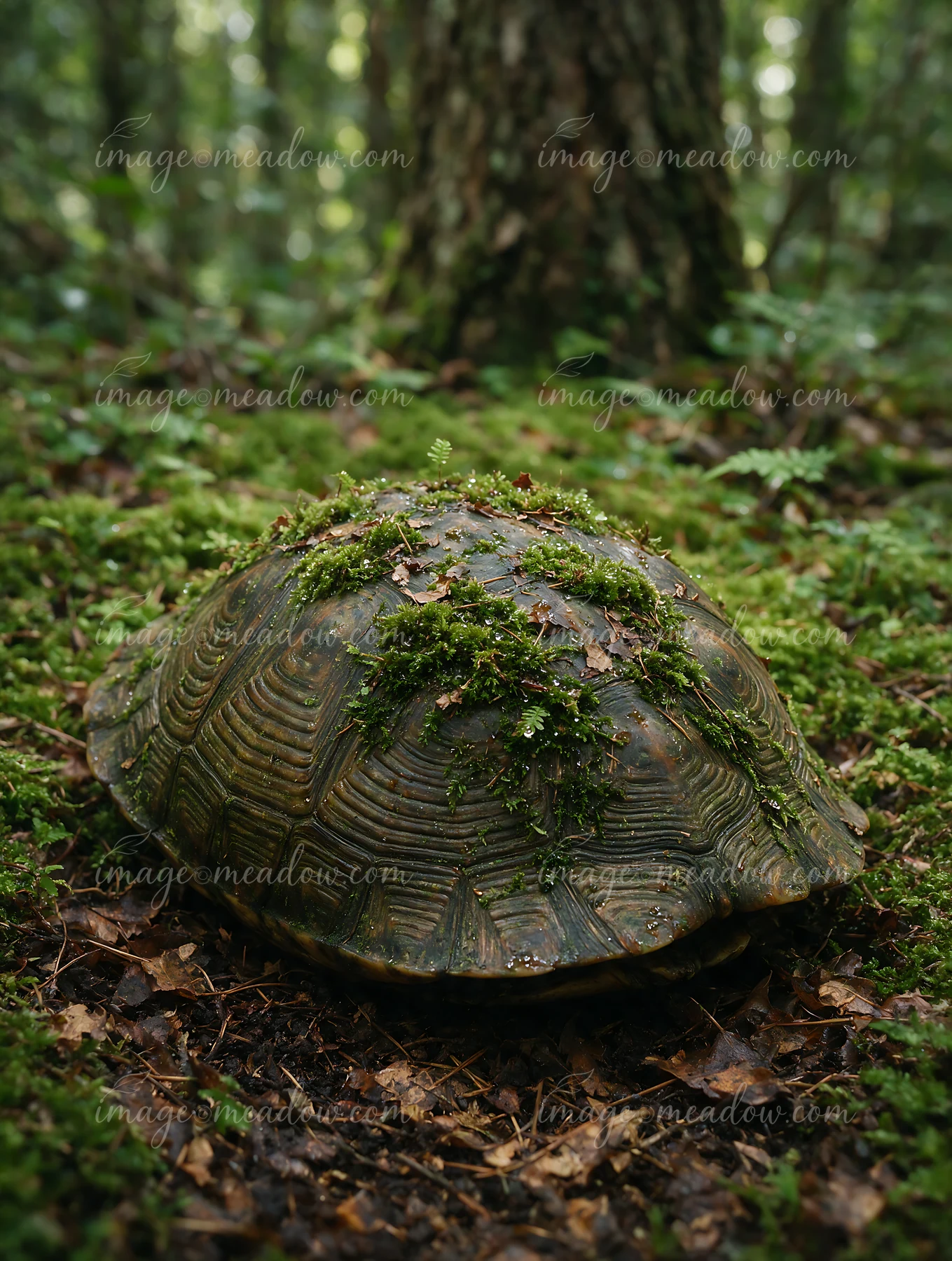 Moss-covered turtle shell with detailed patterns rests on the leafy forest floor.