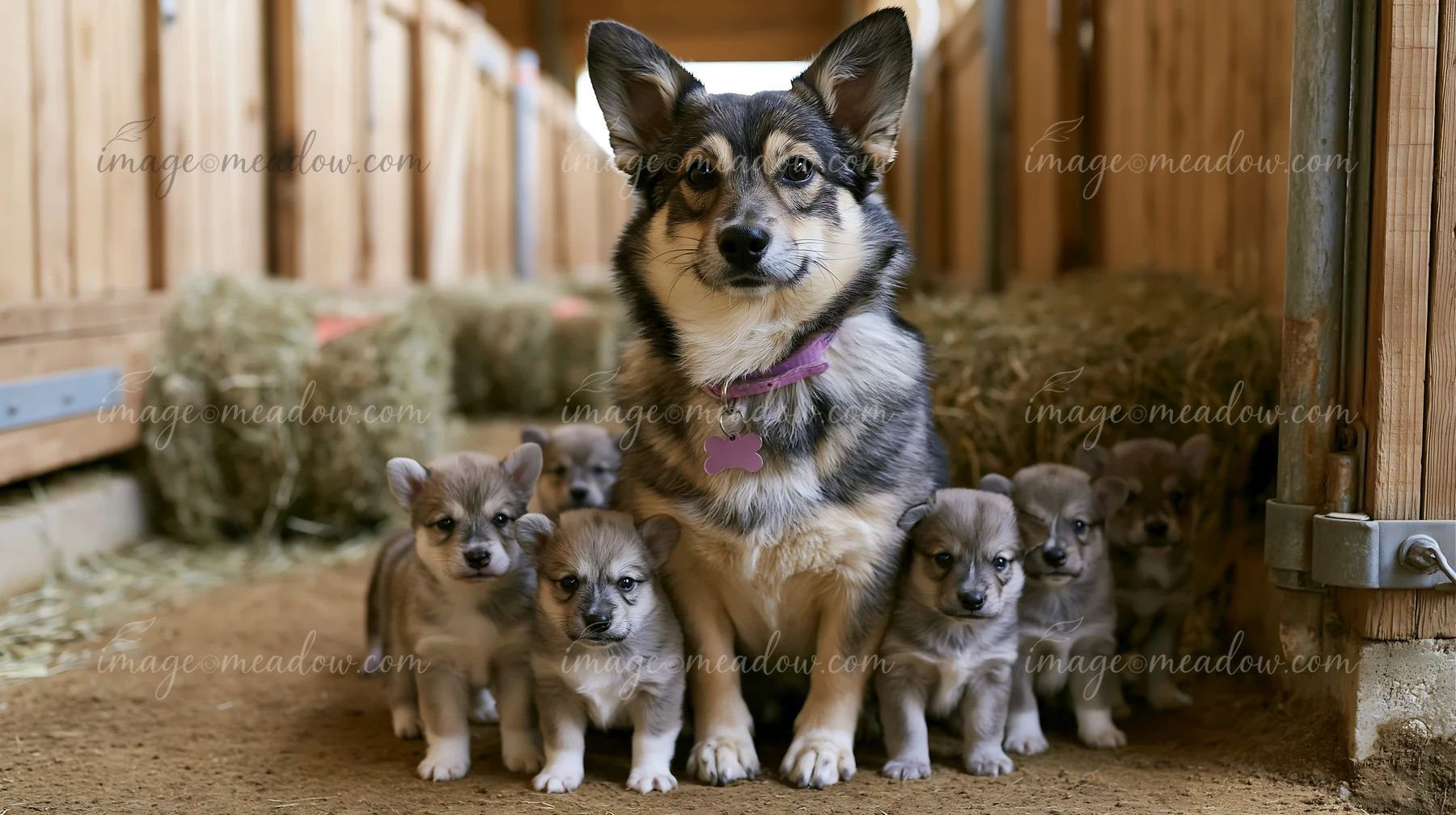 Mother dog sits with six puppies inside a rustic wooden kennel with hay bedding.