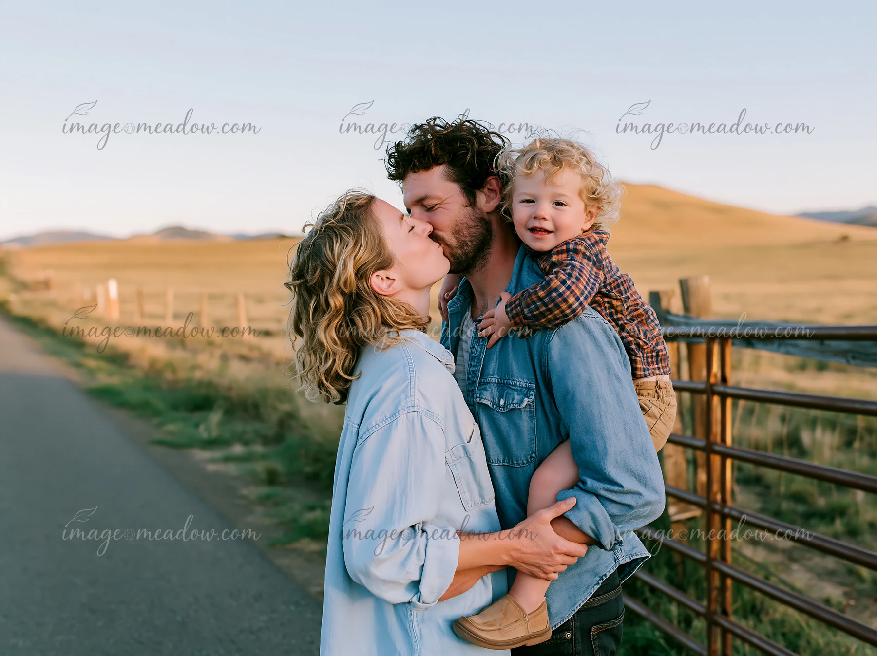 Mother kisses the father as he carries their young child beside a country road and open golden fields.