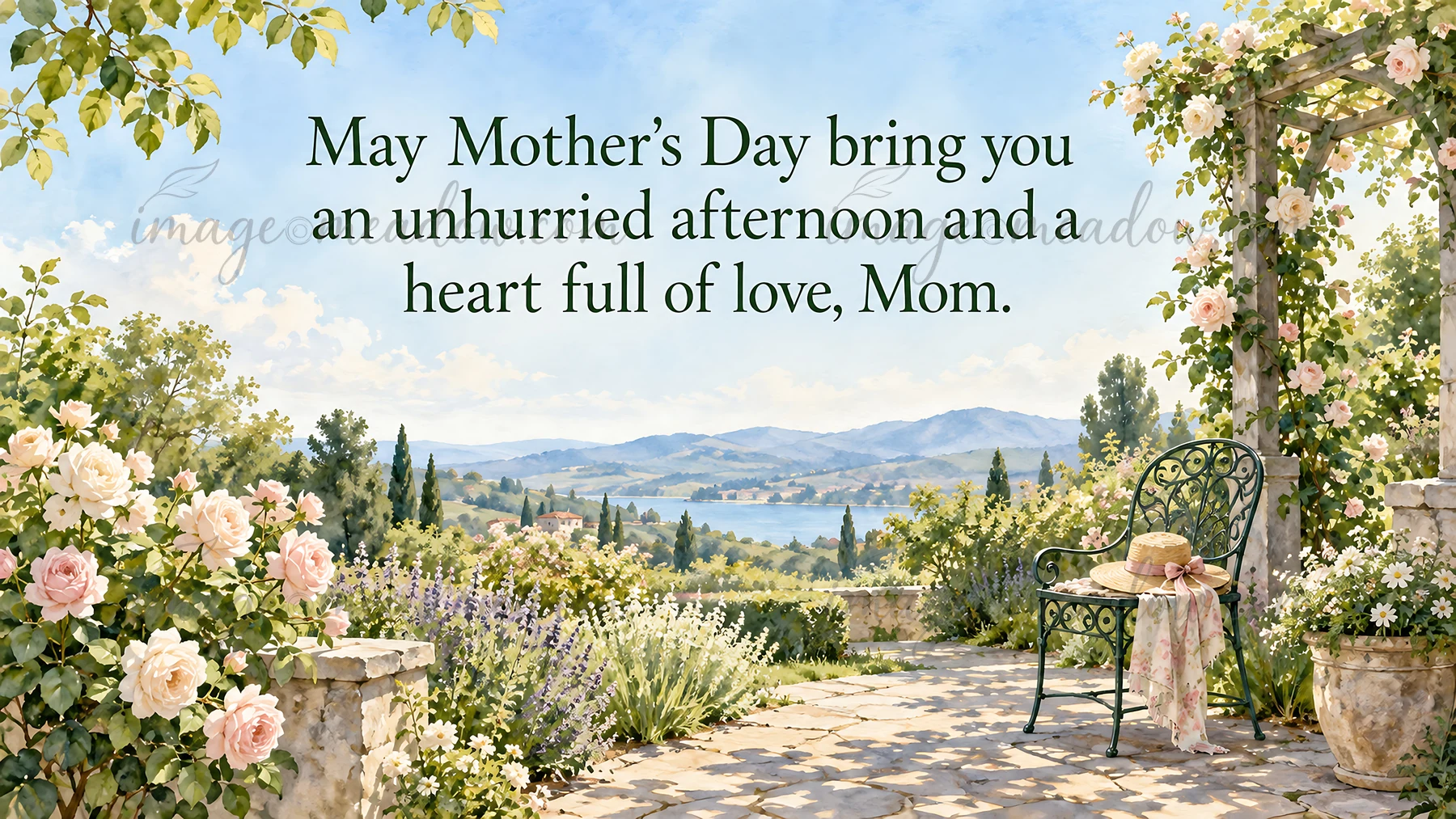 Mother's Day greeting with a heartfelt message above a flower-filled stone terrace, rose-covered pergola, garden chair, and distant lake and hills.