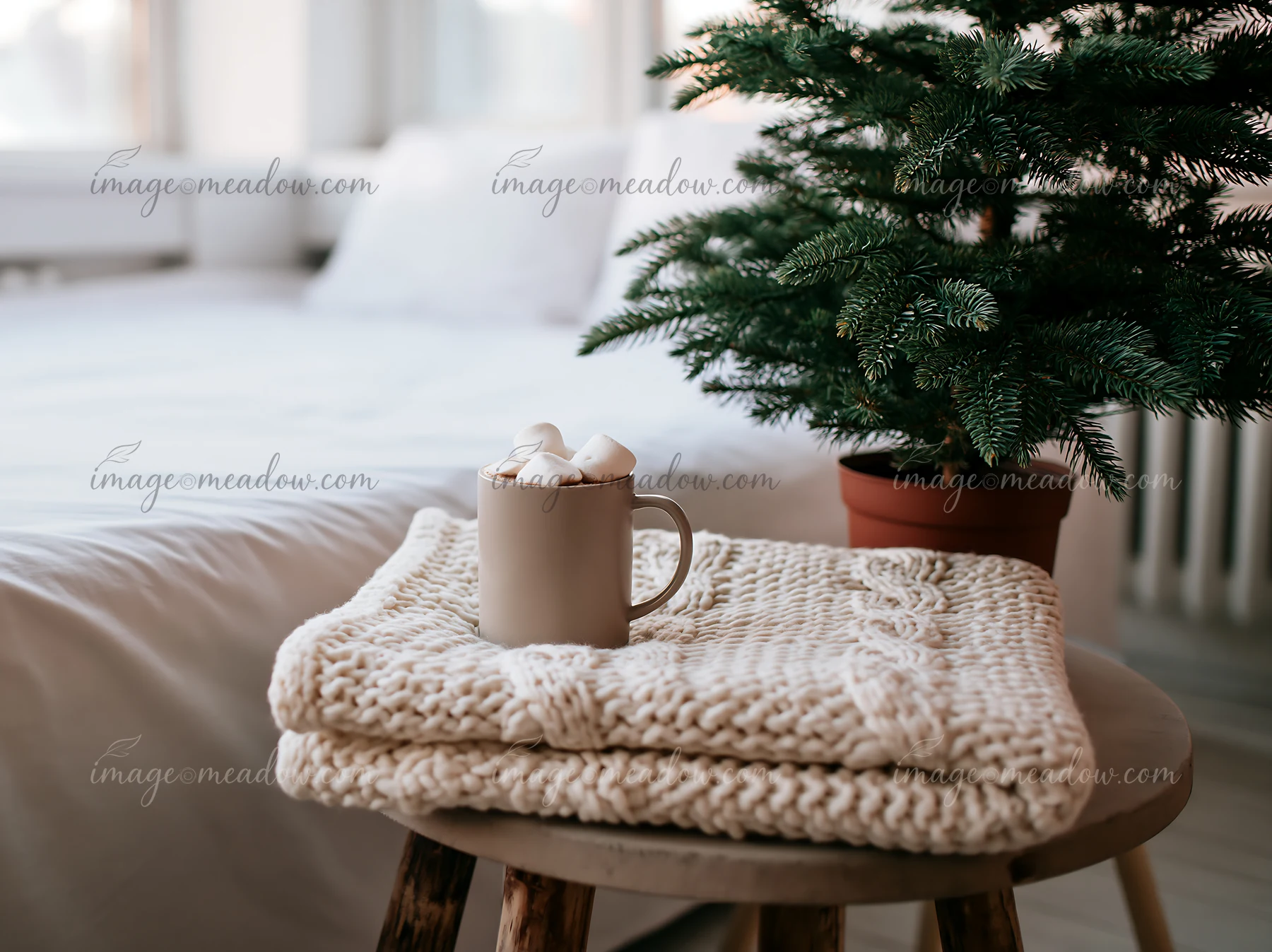 Mug of cocoa topped with marshmallows on a knitted blanket beside a potted evergreen tree.