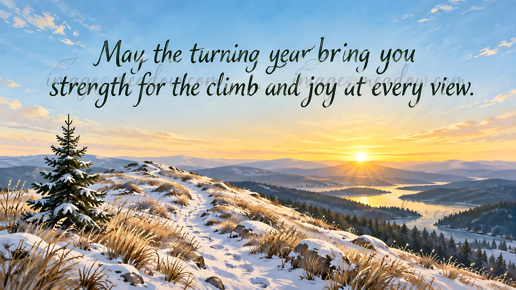A snowy mountain ridge and evergreen overlook layered peaks and a lake at sunrise, beneath the greeting, “May the turning year bring you strength for the climb