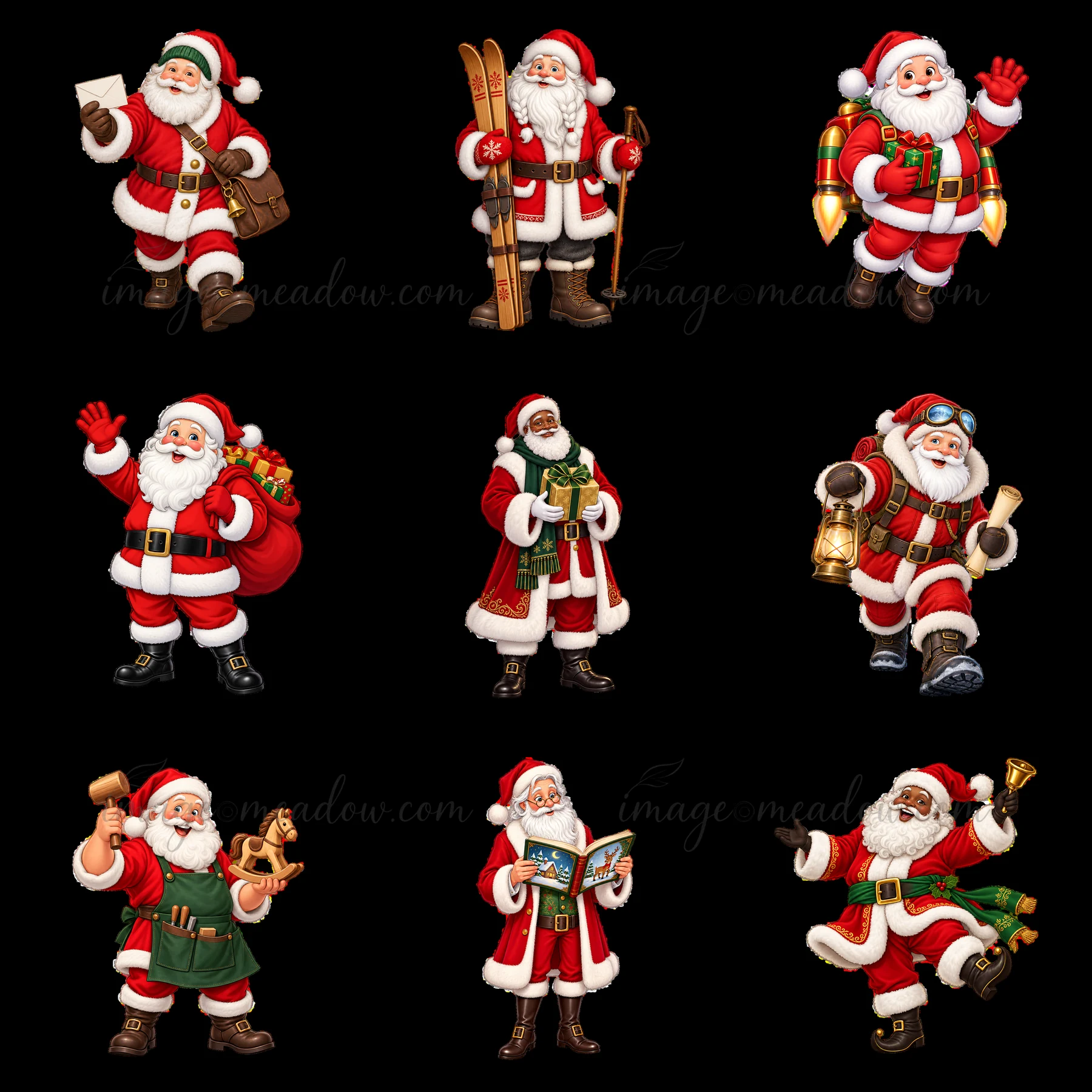 Nine unique Santa Claus figures are shown in different activities like skiing, carrying gifts, and holding lanterns. Each figure wears a red and white outfit, showcasing festive themes.