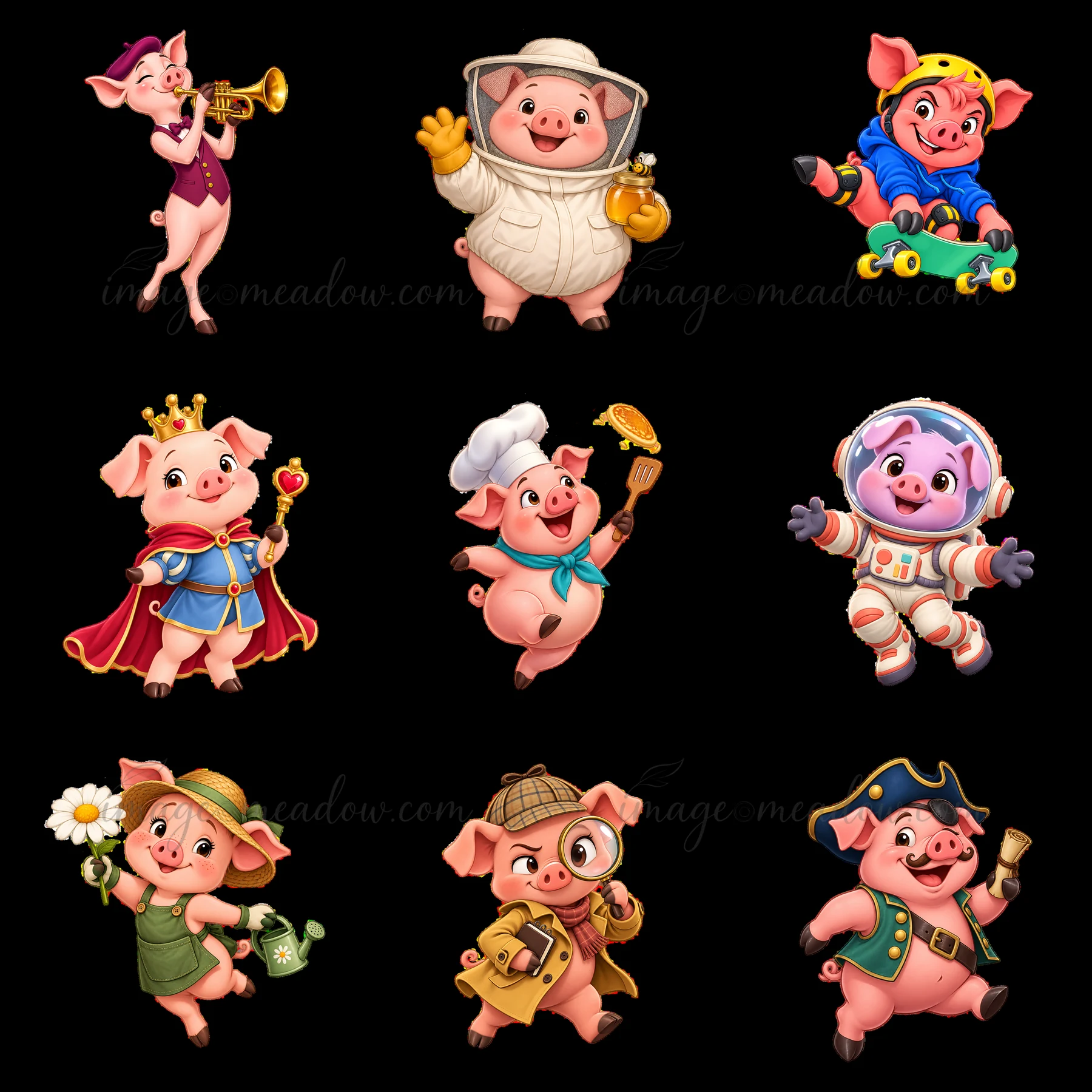 Nine cartoon pig characters are engaged in different fun activities. They include a trumpeter, a chef, a detective, and an astronaut. The colorful designs show