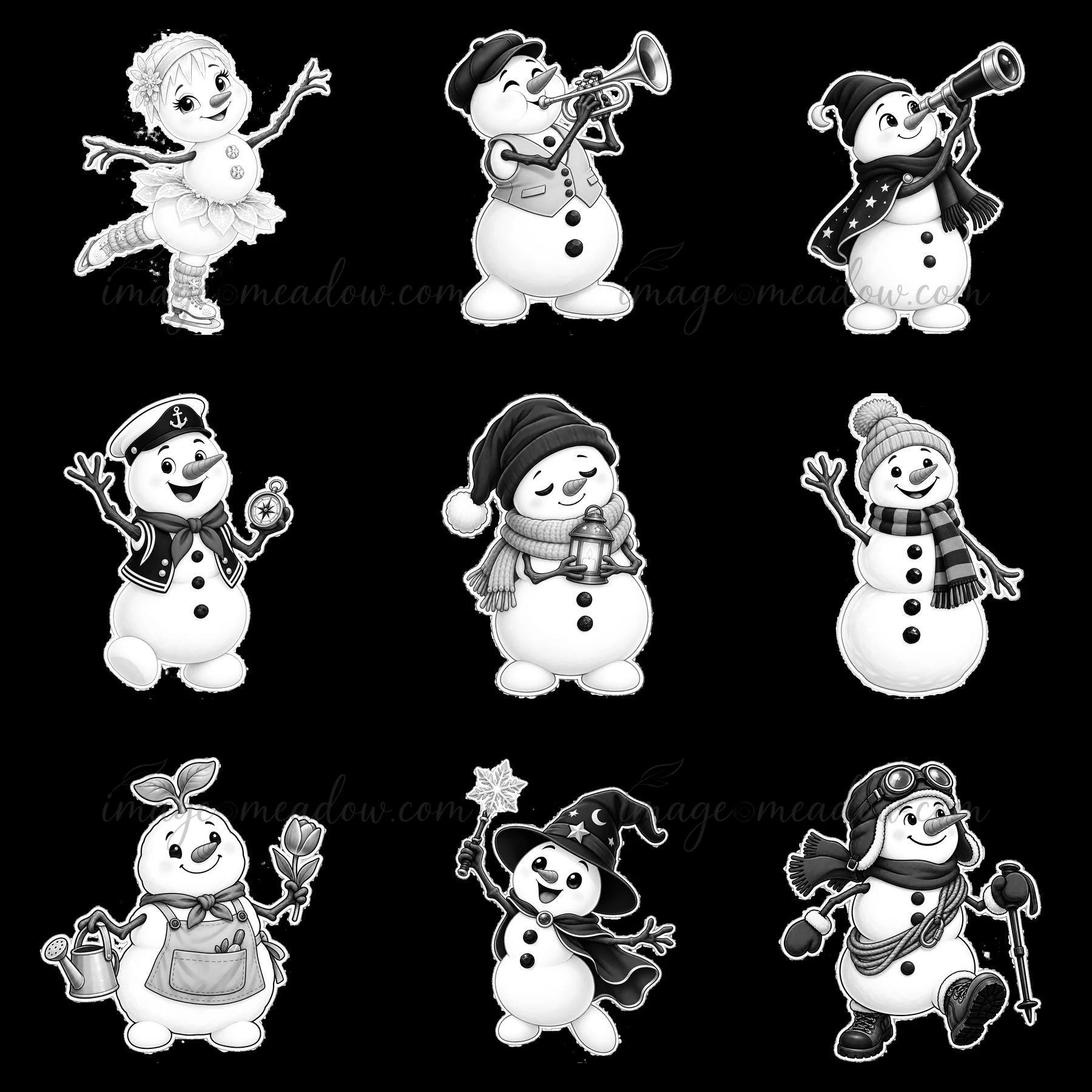 This illustration features nine unique snowmen engaged in different activities. They sport various accessories such as hats, musical instruments, and props. The