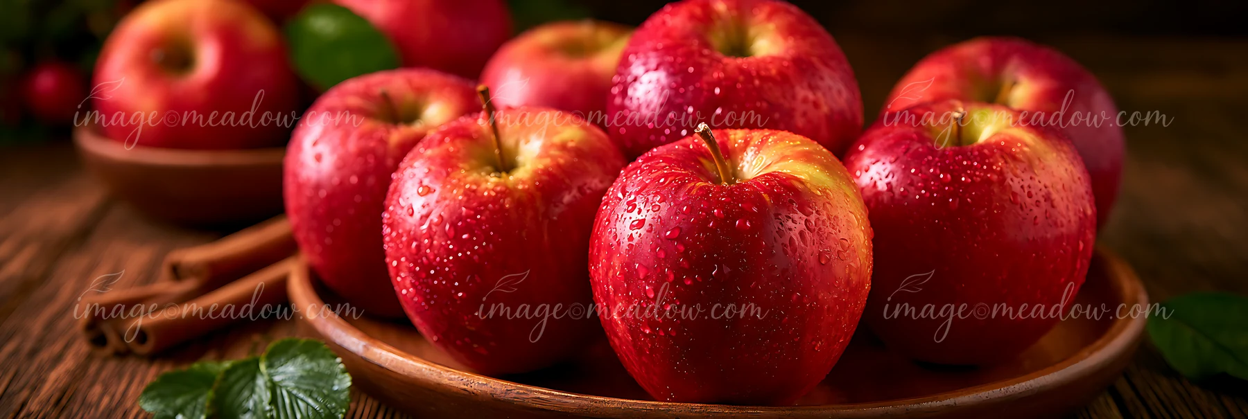 Nine fresh red apples with water droplets sit in a wooden bowl alongside cinnamon sticks and green leaves on a rustic wooden table, highlighting their vibrant c
