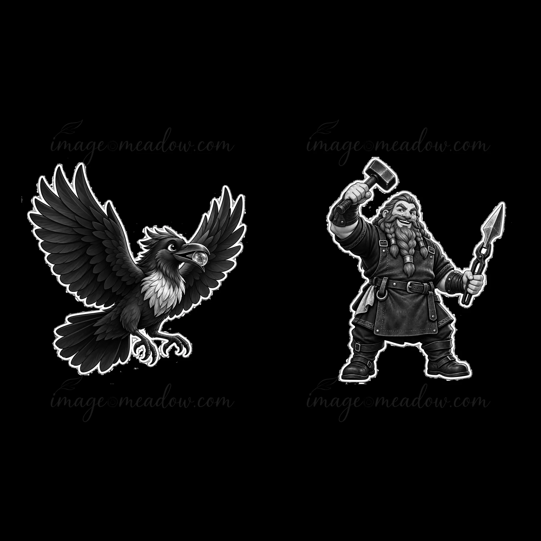 Odin stands holding a spear and hammer, with a raven in flight nearby. The figures are black-and-white, emphasizing their strong presence. This design fits them