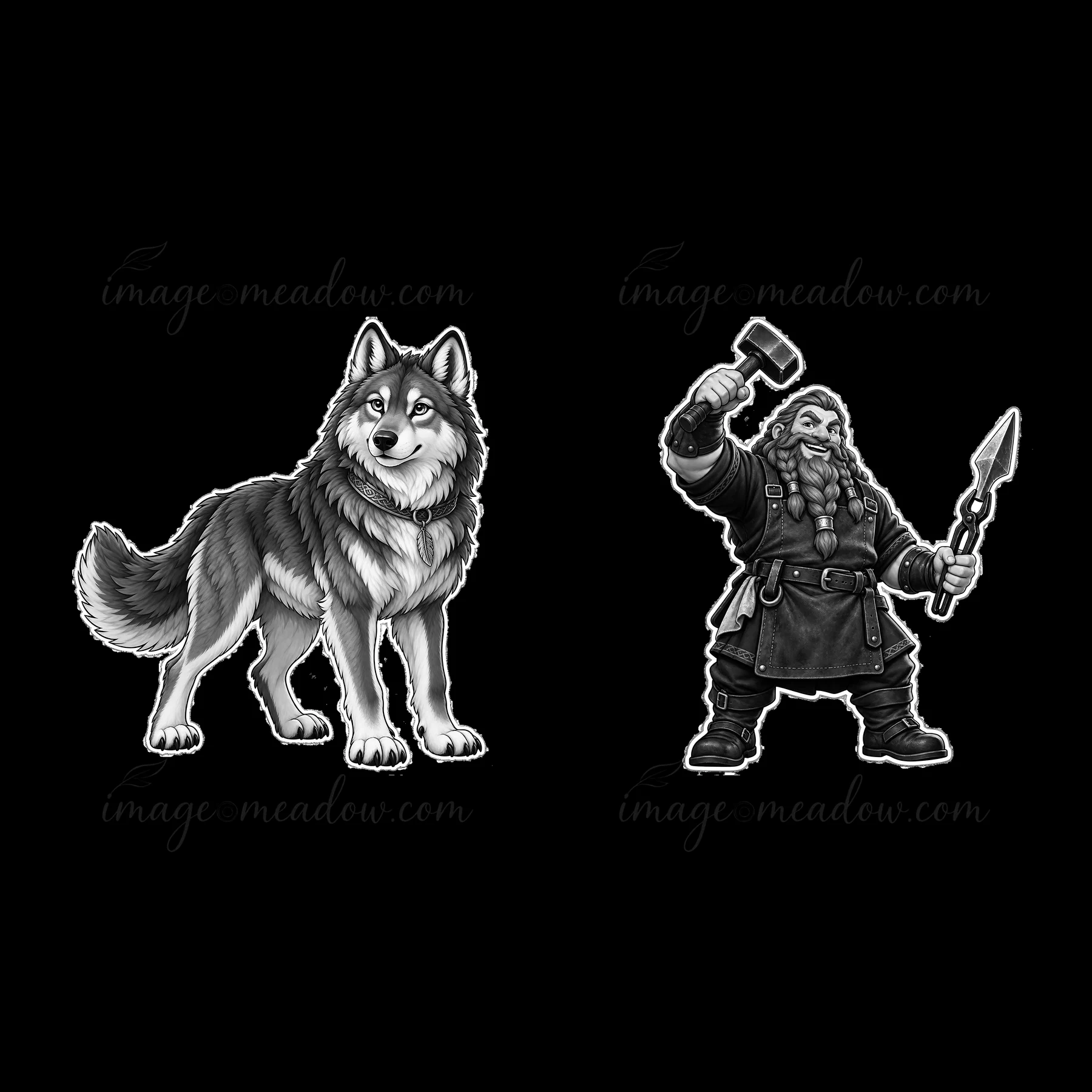 Odin, the Norse All-Father, stands proudly with a large wolf beside him. He raises a hammer and a spear, symbolizing power and strength. The scene captures inte